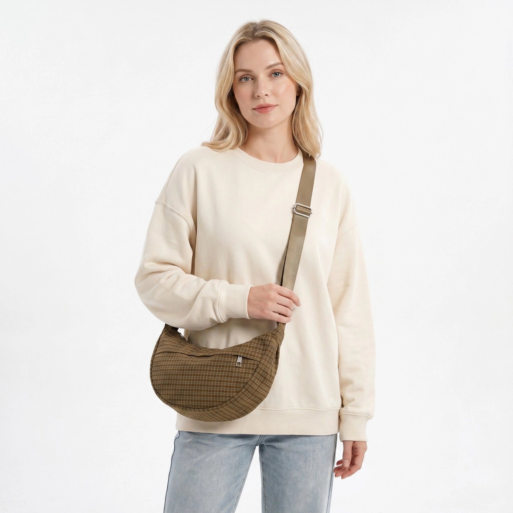 Alilang Women's Plaid Nylon Crescent Shoulder Bags with Adjustable Strap Lightweight Casual Crossbody Bag, Khaki Plaid
