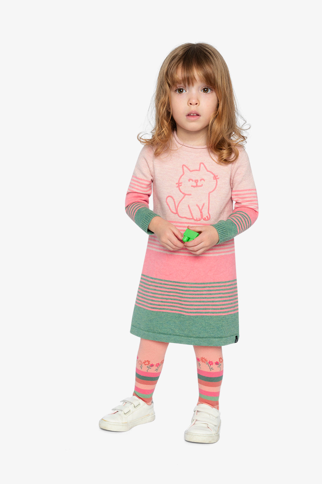 Deux par Girls Cat Appliqué Striped Knitted Dress