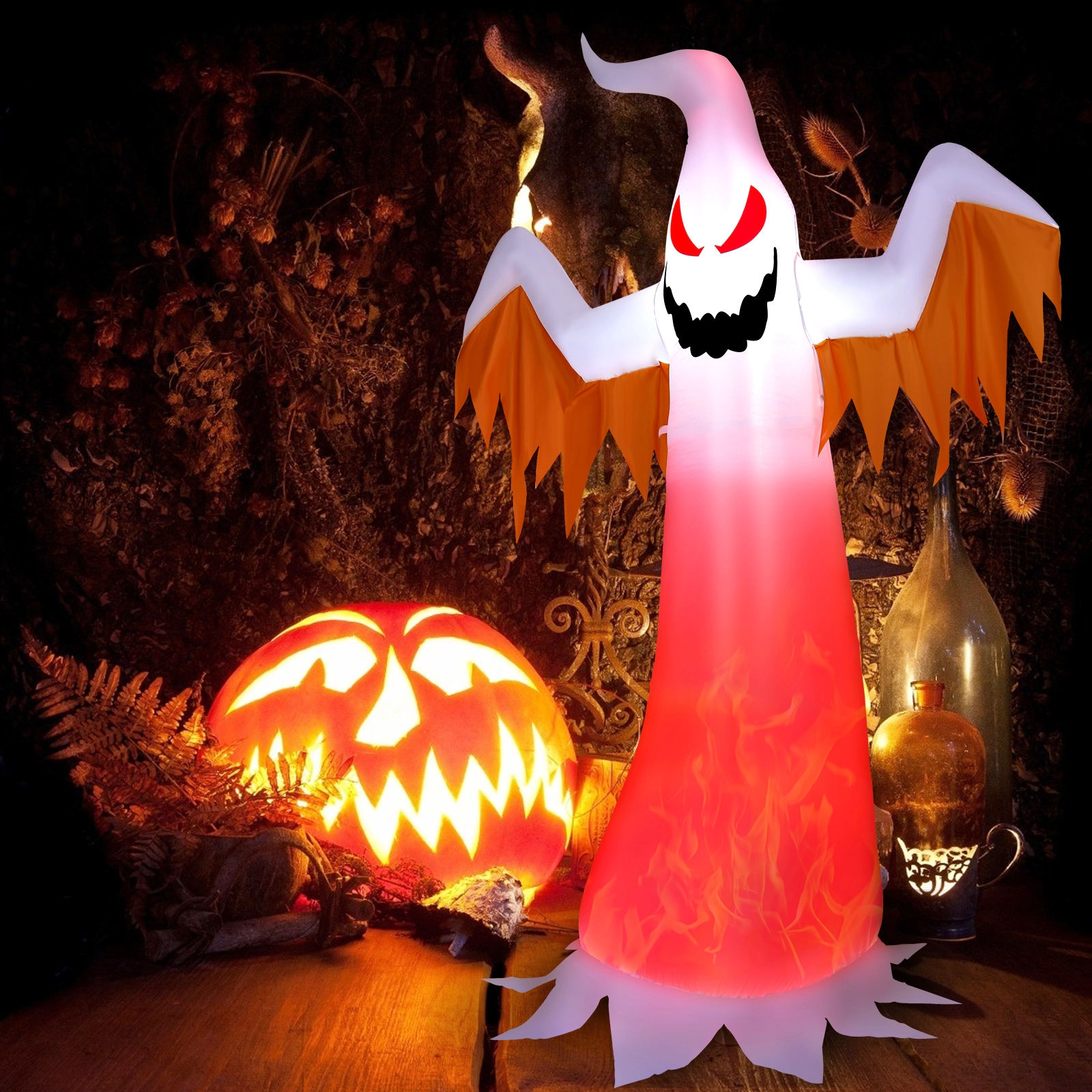LJG 8 Feet Halloween Inflatable Ghost with Rotatable Flame LED Lights