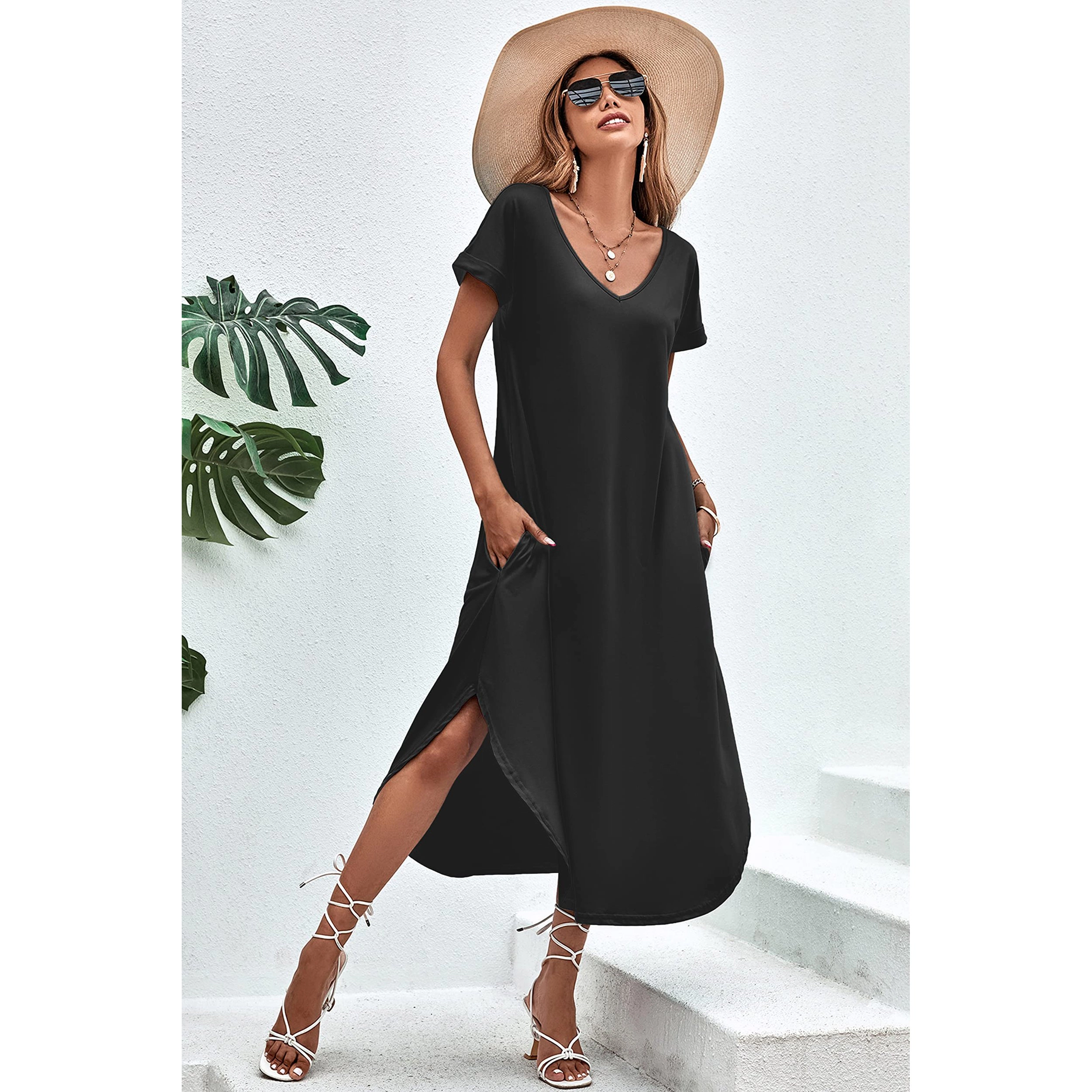Ekouaer Long Nightgowns for Women Short Sleeve House Dress with Pockets V Neck Sleepshirts Side