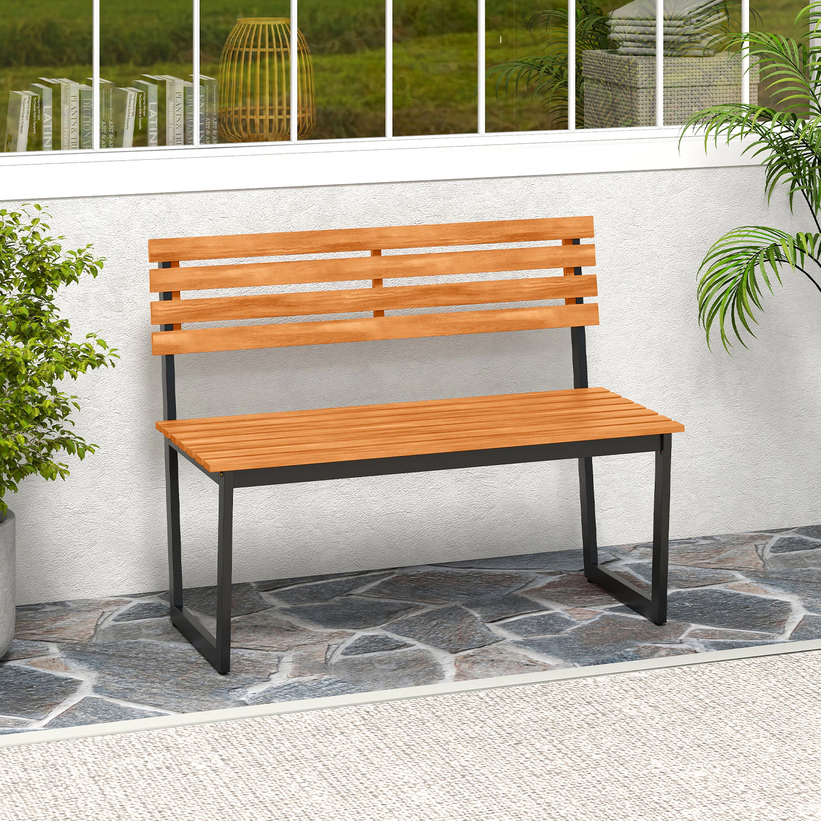 LJG Outdoor Bench Acacia Wood Patio Loveseat with Backrest and Heavy Duty Metal Frame