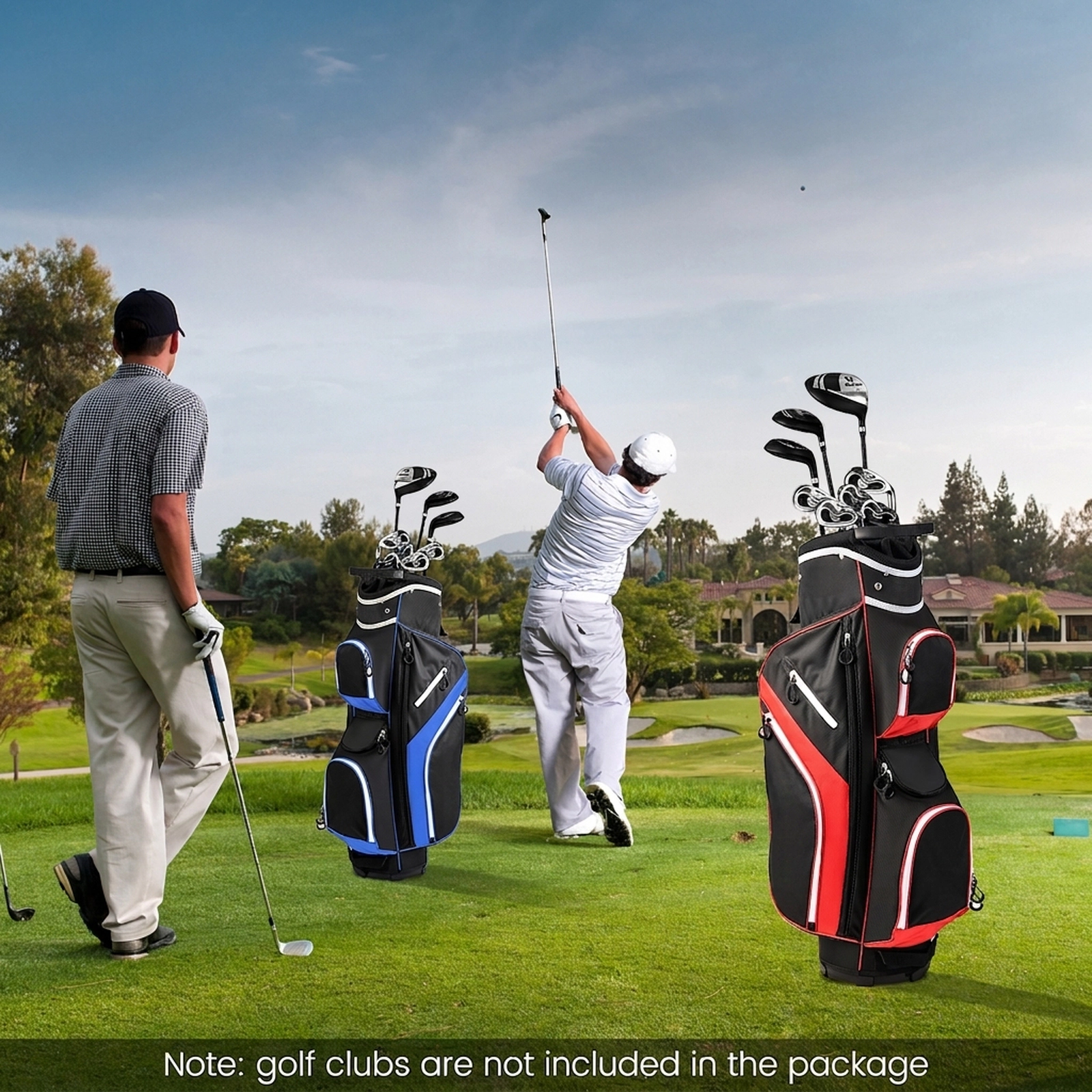 Golf Cart Bag 14-Way Top Dividers 9 Zippered Pockets Zip-Open Rain Hood Lift Assist Handles Red Polyester