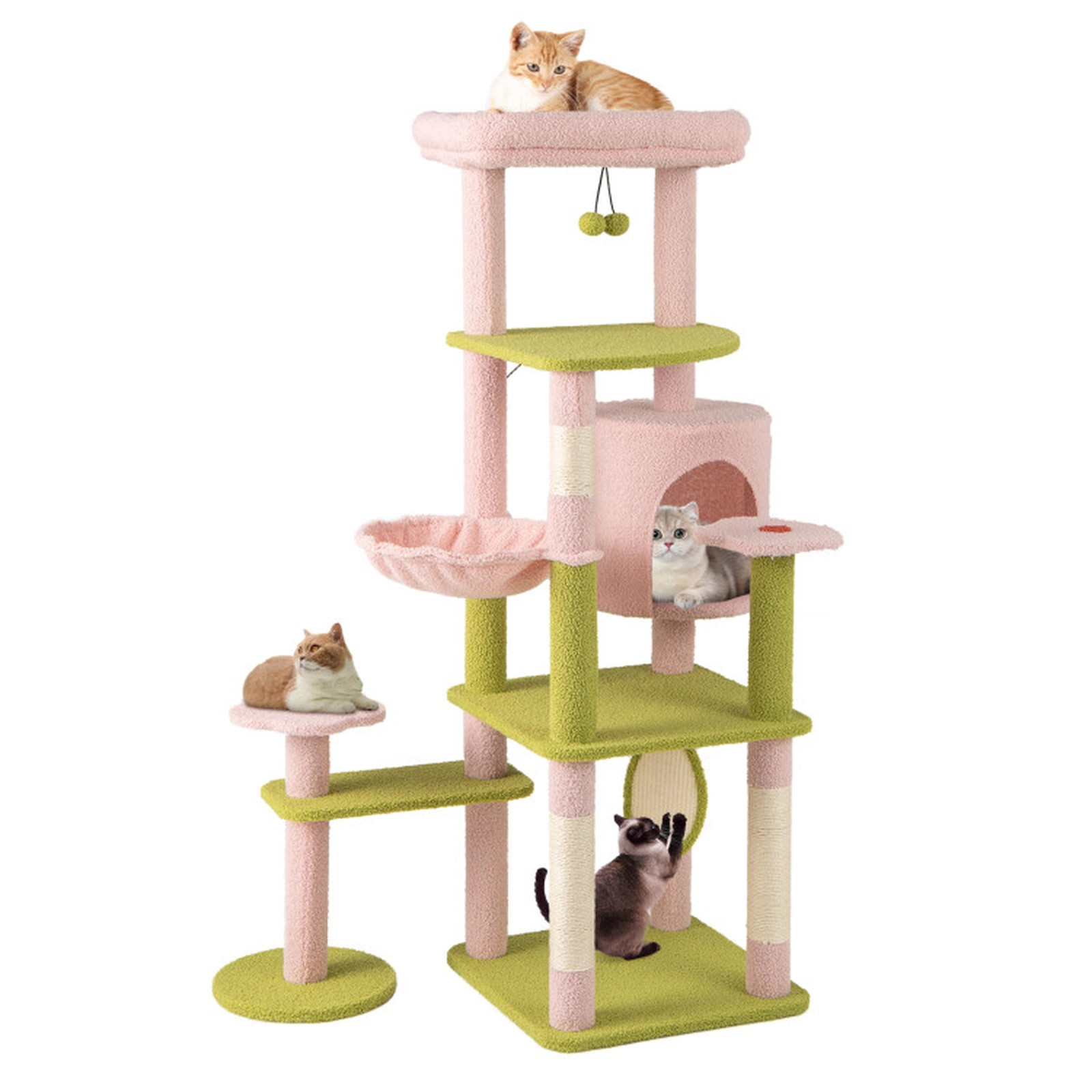 SUGIFT Pink 58 in Multi-Level Floral Cat Tower with Leaf Scratcher and Hammock