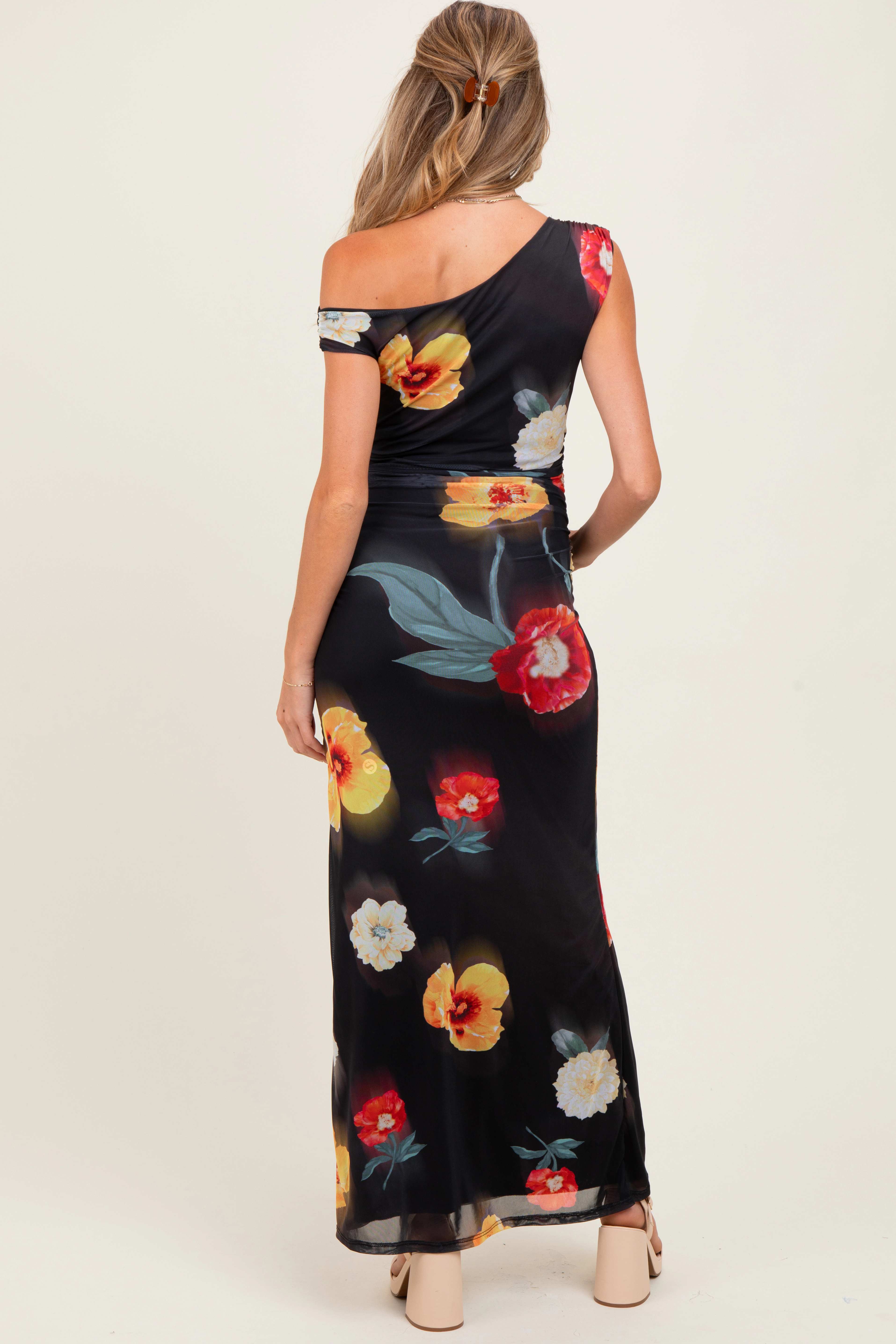 PinkBlush Womens Black Mesh Floral One Shoulder Maternity Maxi Dress