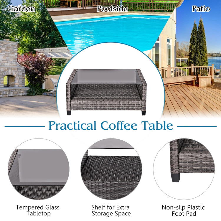 Hivvago 4 Pieces Patio Rattan Furniture Set Coffee Table Cushioned Sofa