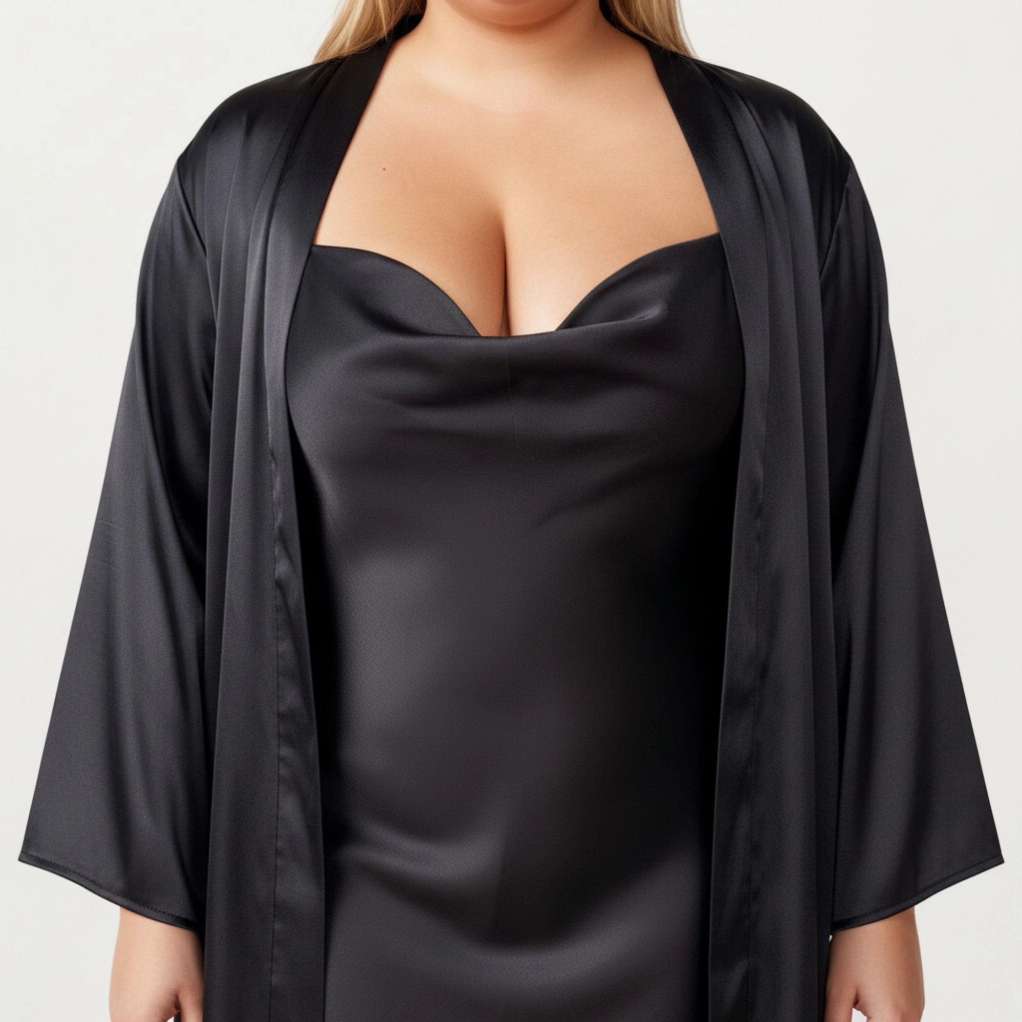 Anna-Kaci Women's Satin Slip Dress and Long Robe Set with Draped Neckline Elegant Flowing Open Front Layered Design