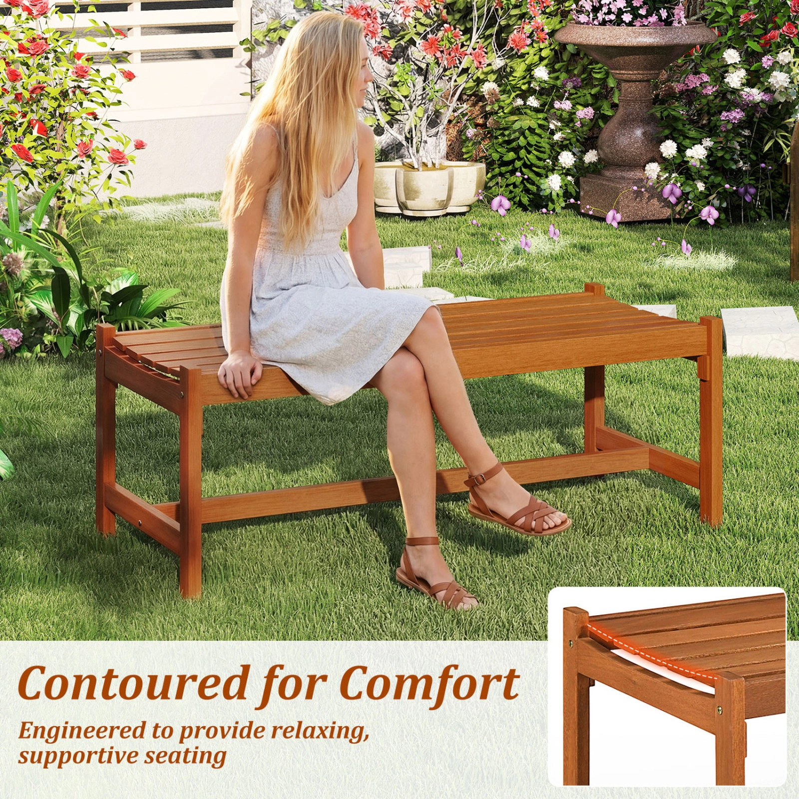 SUGIFT 44-in Hardwood Patio Dining Bench Set of 2 530-lb Capacity 16-in Seat Height 44 x 20 x 16.5 in Teak Oil Finish