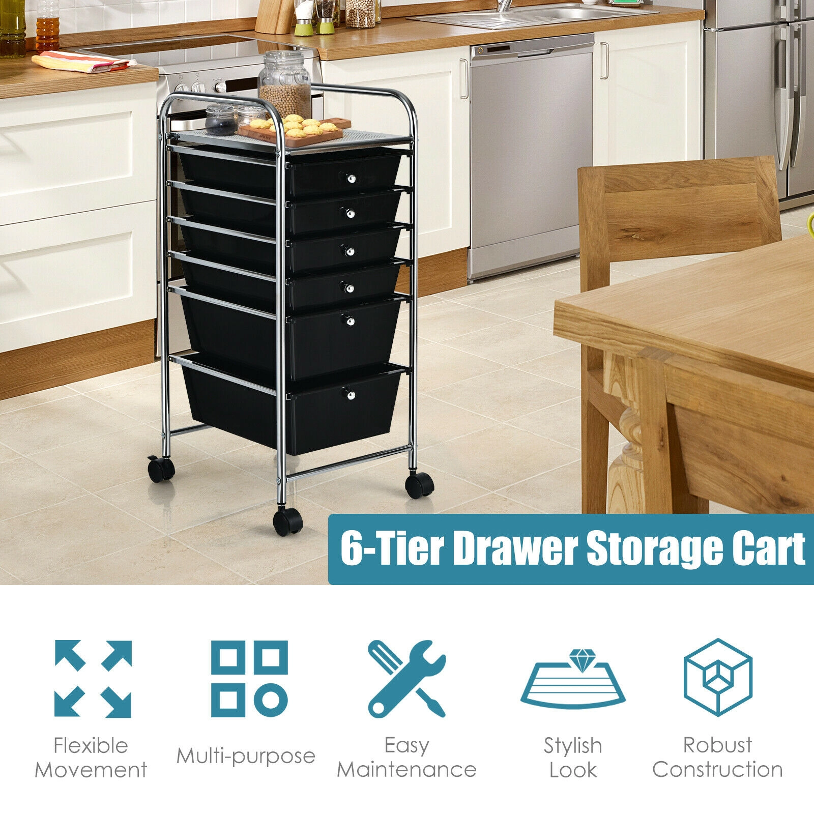 SUGIFT Black 30-in 6-Drawer Rolling Storage Cart with 2 Deep 4 Shallow Clear Drawers and Locking Wheels