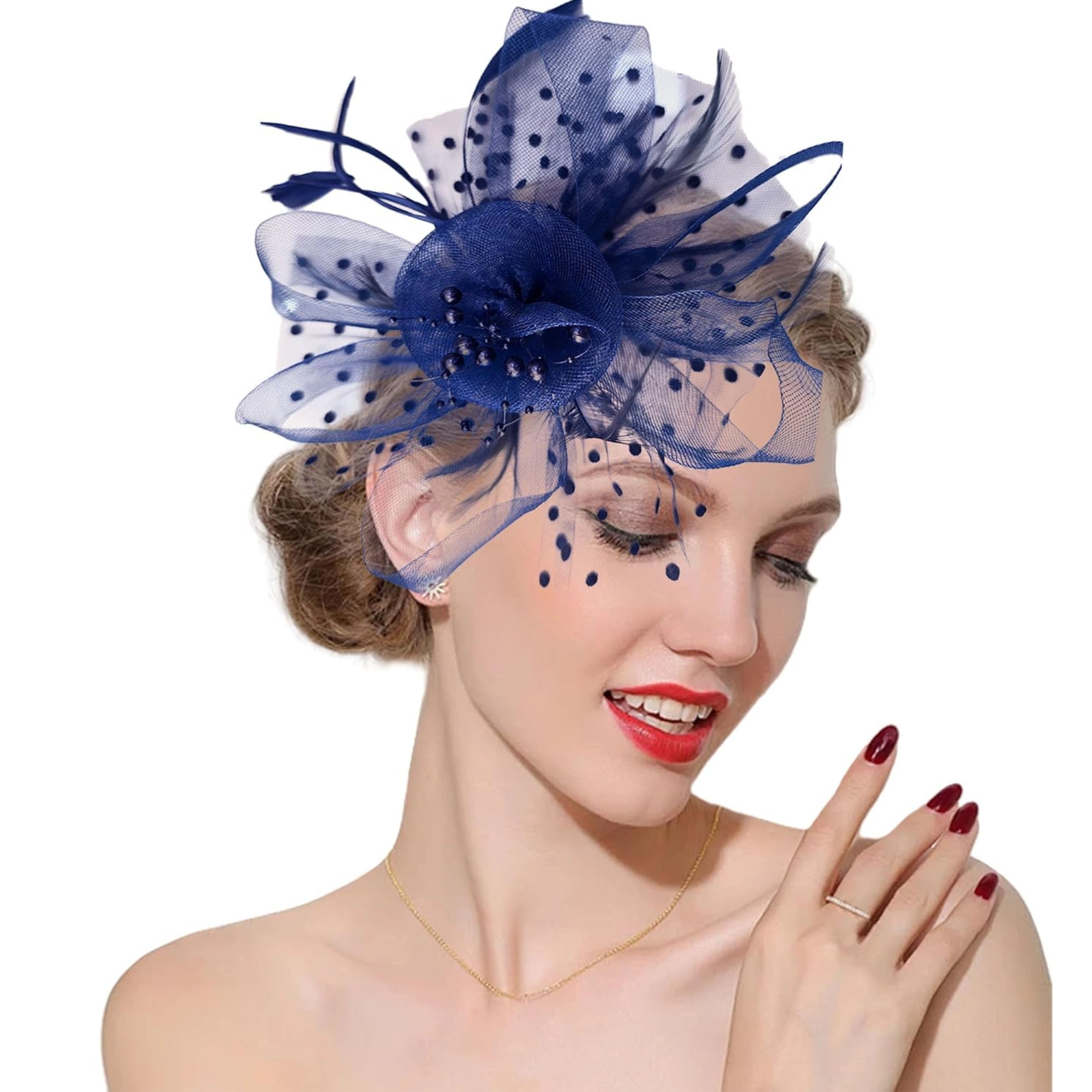 SS Design Dark Blue Pillbox Fascinator Hat with Veil for Women