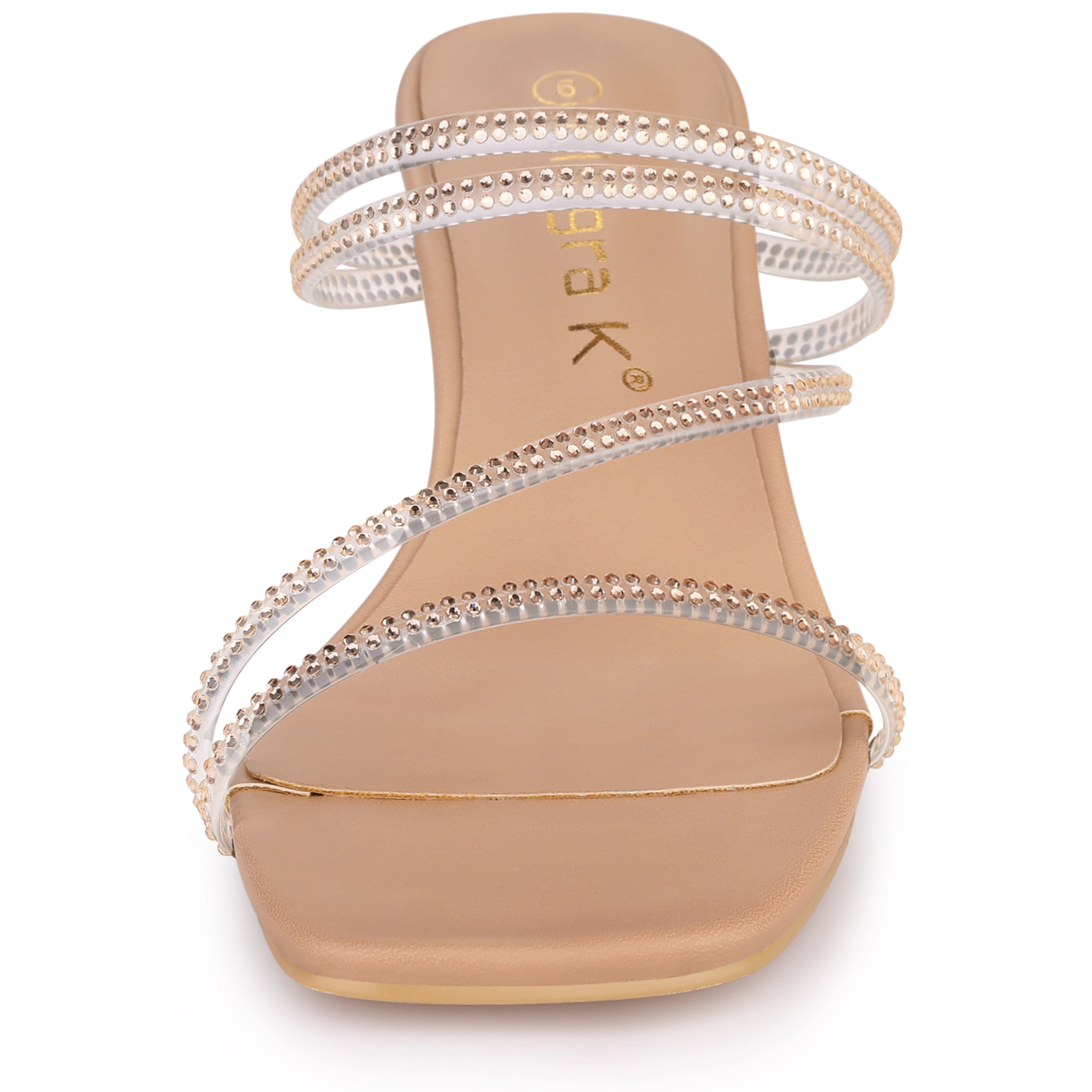 BLISSFUL STEP Women's Rhinestone Strappy Square Toe Kitten Heel Slide Sandals
