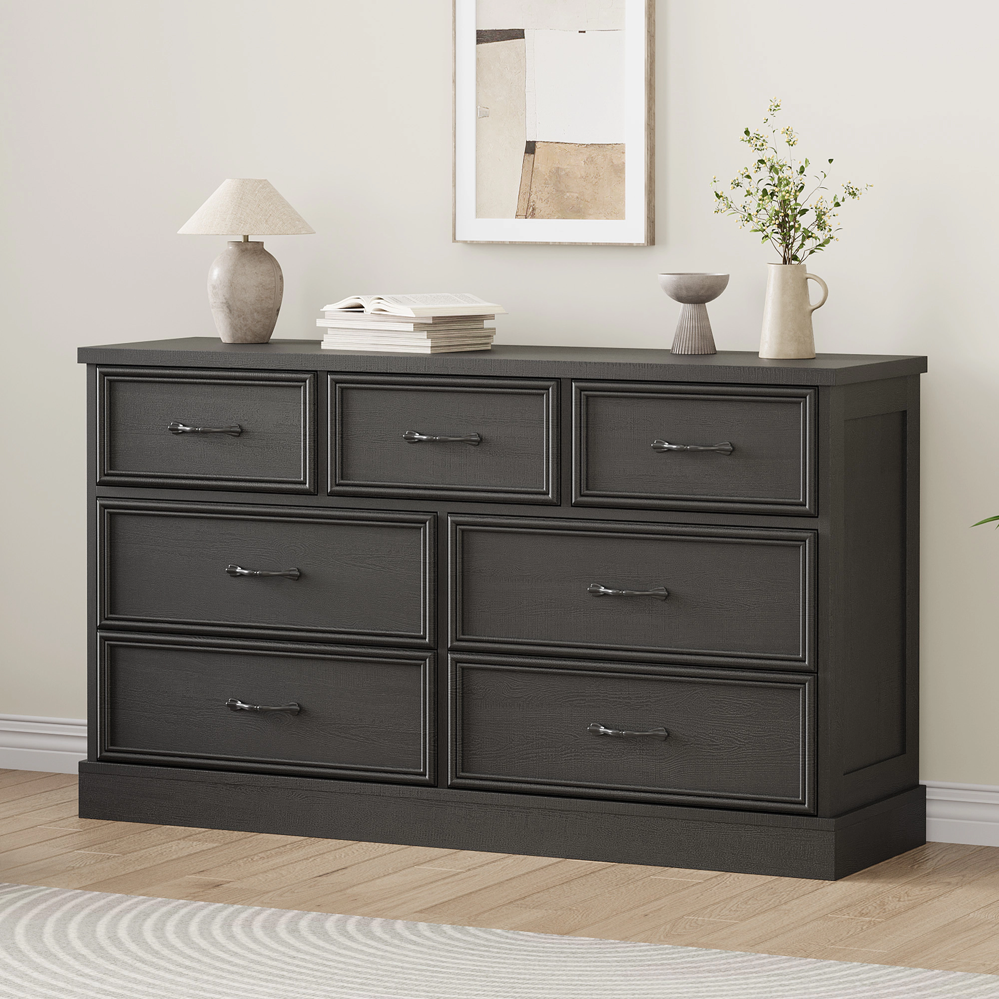 7 Drawer Wooden Dresser, 55" Wide Chest with Large Storage for Bedroom or Living Room
