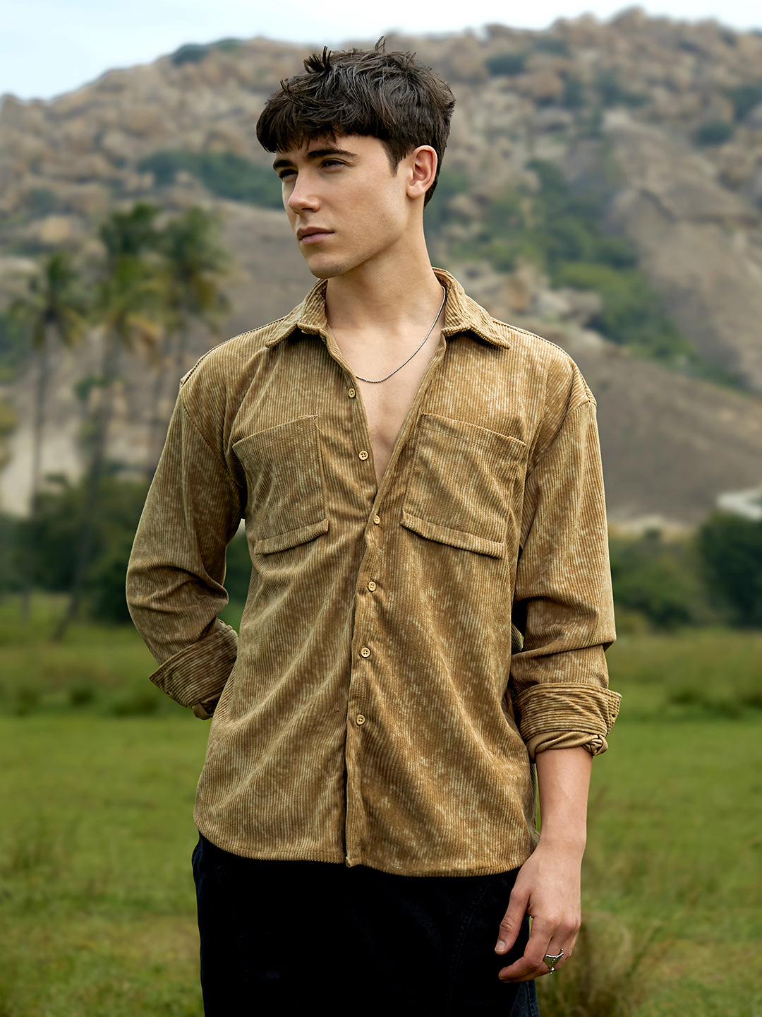 Campus Sutra Men's Faded Corduroy Oversized Shirt