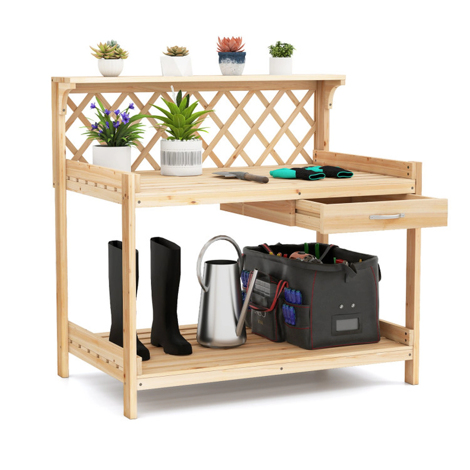 SUGIFT Natural Wood Potting Bench with Lattice Trellis and Drawer 35.5-in W 34.5-in H 176-lb Tabletop Capacity