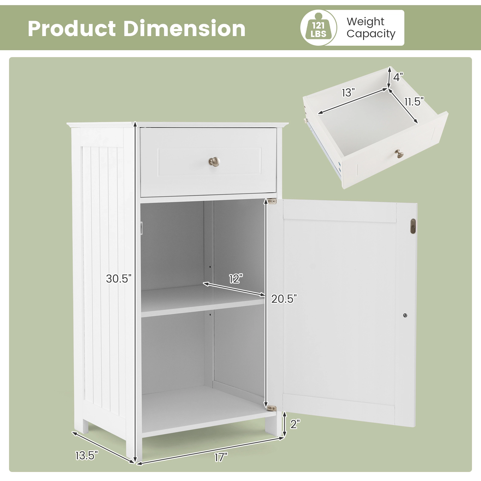 Glintex Freestanding Bathroom Cabinet with Single Door Adjustable Shelf and Drawer, White