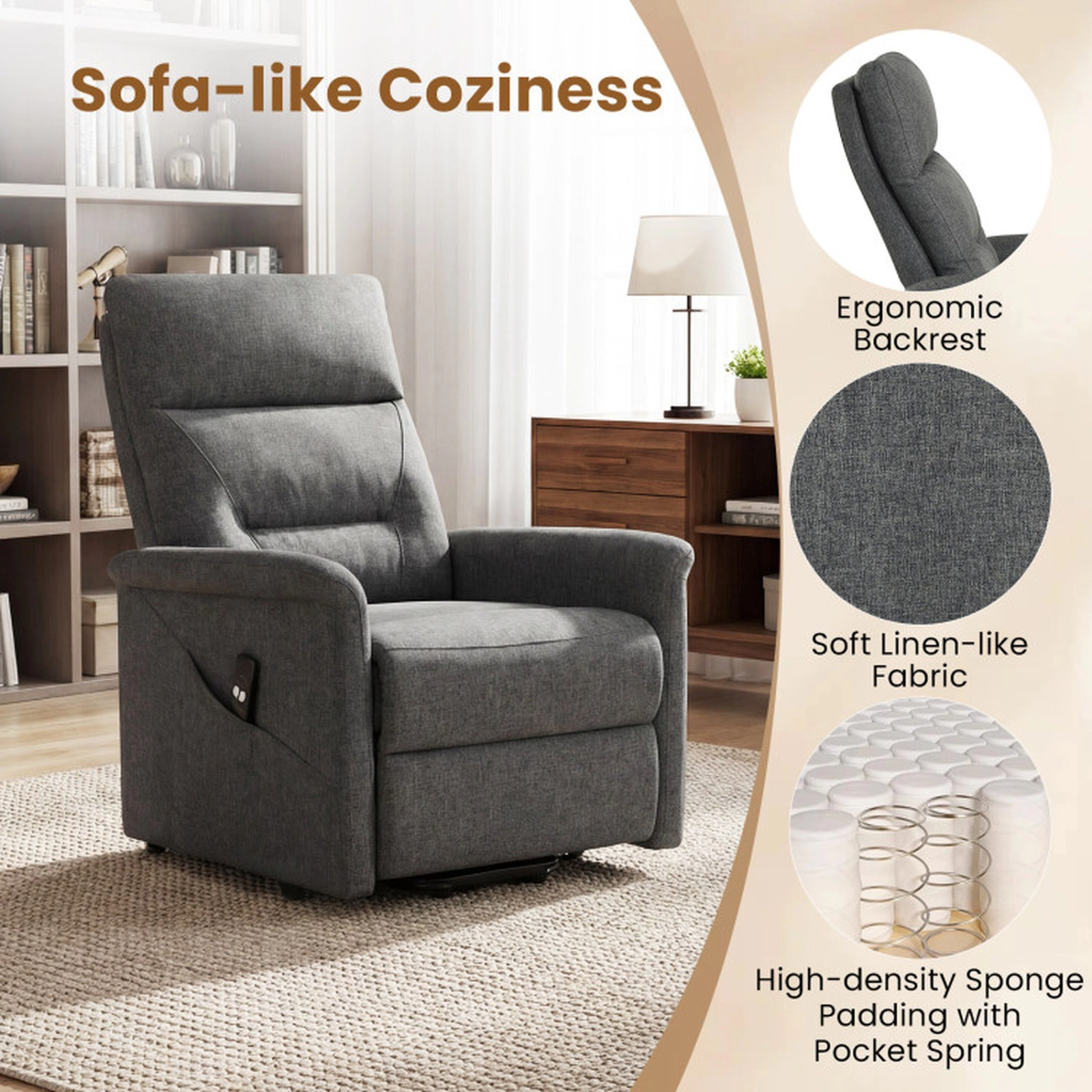SUGIFT Gray Fabric Electric Power Lift Recliner Chair, 330 lb Capacity, Remote and Side Pocket