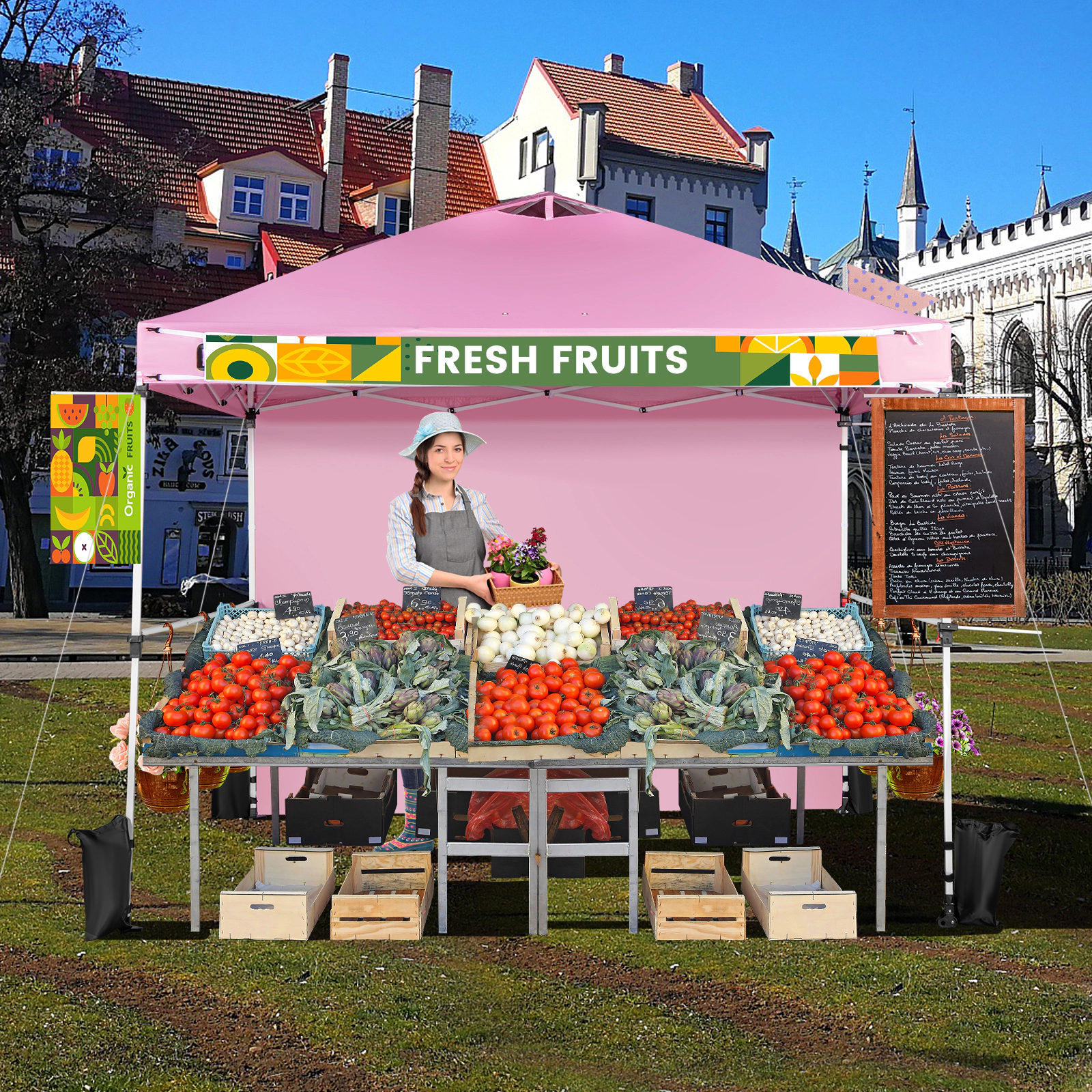 SUGIFT Pink Commercial Pop Up Canopy Tent with Roller Bag and Detachable Sidewall 10-ft W 10-ft D 8.9-ft H