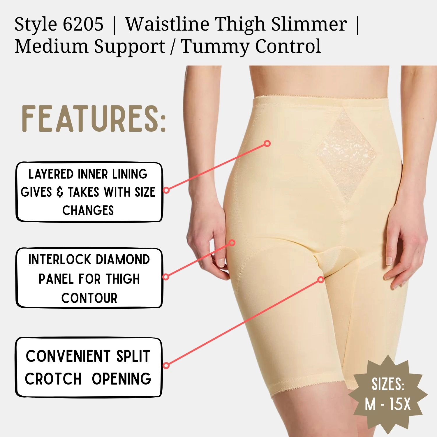 Rago Waistline Tummy Control Thigh Slimmer | Satin & Smooth Fabric Medium to Firm Support Style 6205