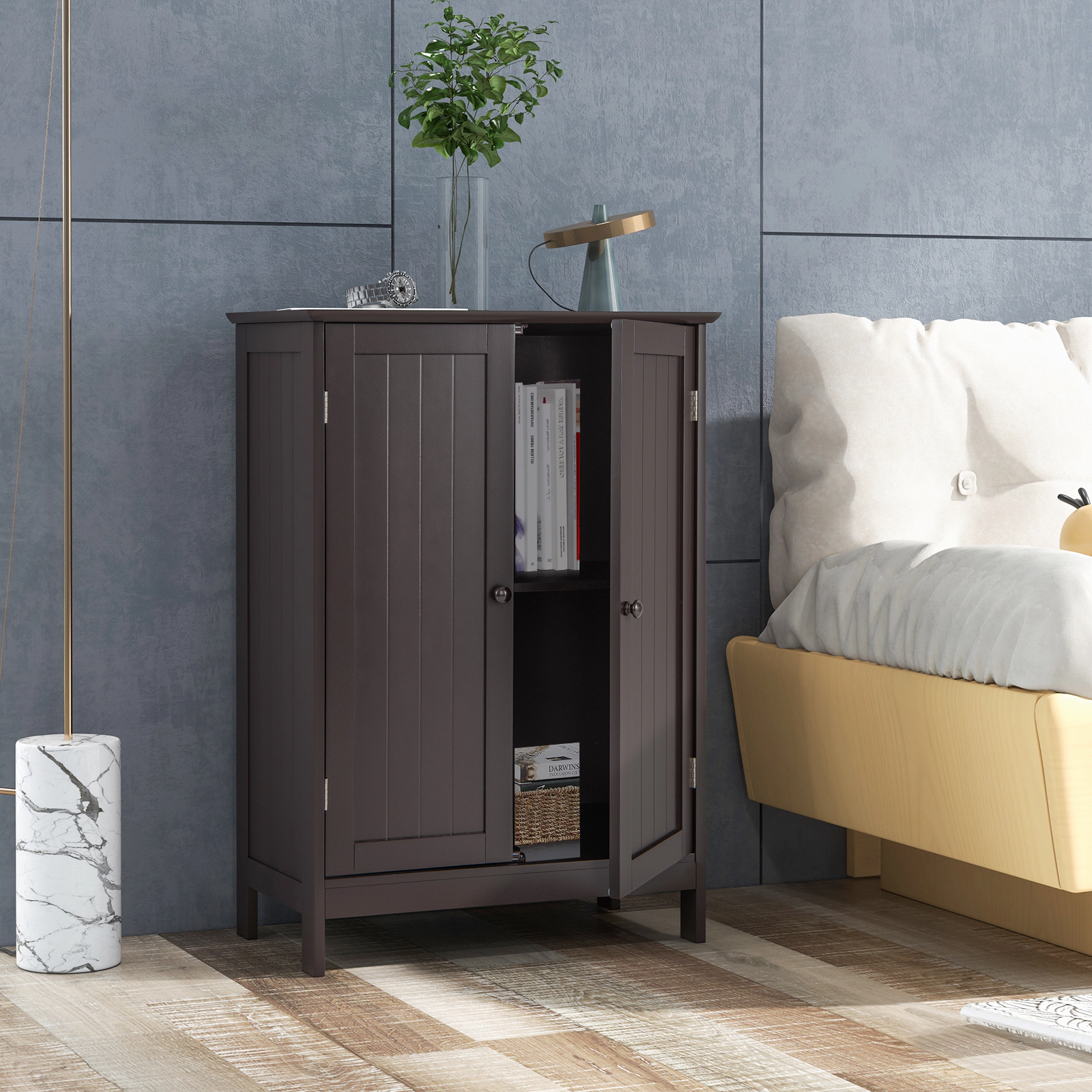 SUGIFT Bathroom Floor Storage Double Door Cupboard Cabinet 34.5-in Tall 22-lb Shelf Capacity 176-lb Top Capacity Brown
