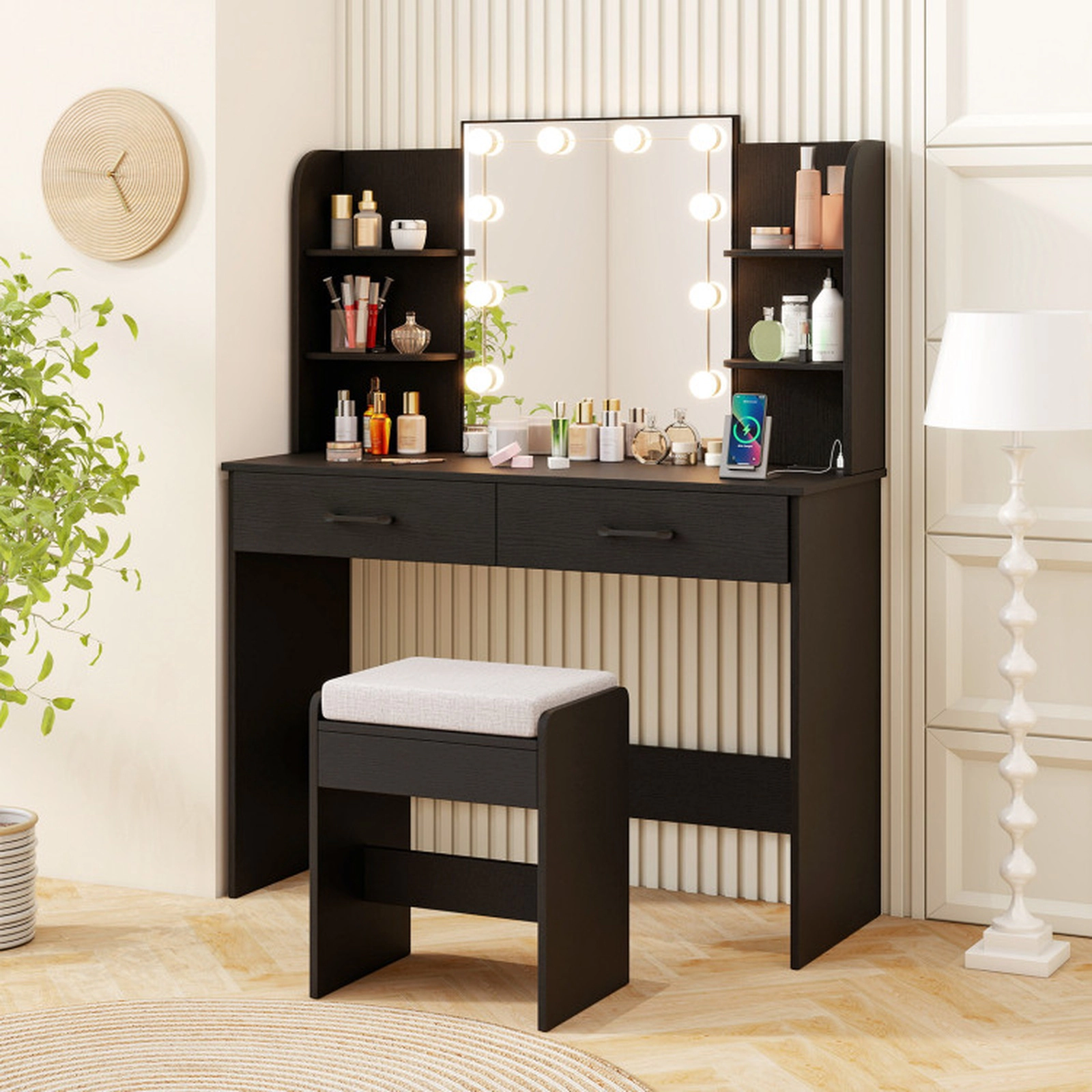 SUGIFT Vanity Set with Lighted Mirror Power Outlet and Stool 154-lb Tabletop Capacity 2-Drawer 4-Shelf Storage Black