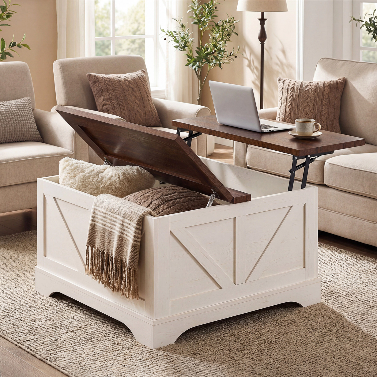 Glintex Farmhouse 31.5-Inch Square Lift-Top Table with Barn Door Panels, Rustic Brown + White