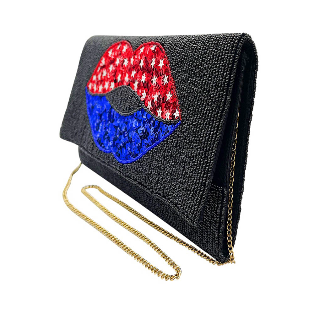 Fashnzfab American Usa Flag Lips Seed Beaded Clutch / Crossbody Bag