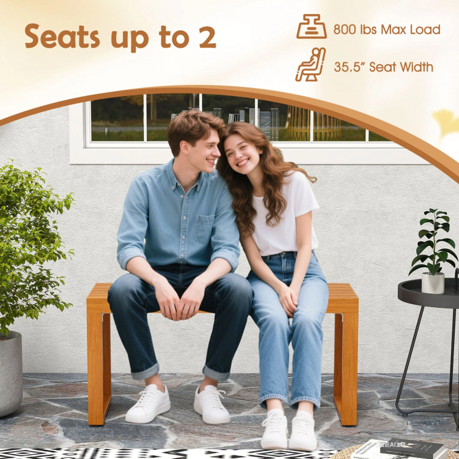 SUGIFT Teak Adjustable Foot Pads 36 Inch Patio Bench All-Slat Acacia Wood Backless Loveseat