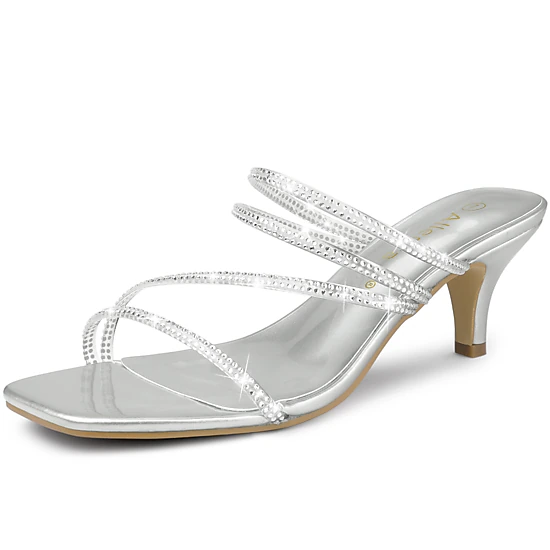 BLISSFUL STEP Women's Rhinestone Strappy Square Toe Kitten Heel Slide Sandals
