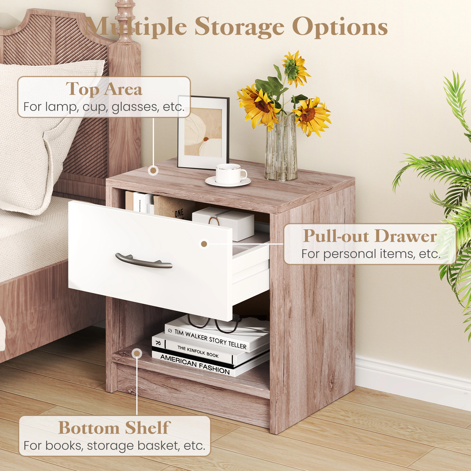 SUGIFT Bedside Table Nightstand with Drawer and Open Storage Shelf 22-Lb Capacity Oak