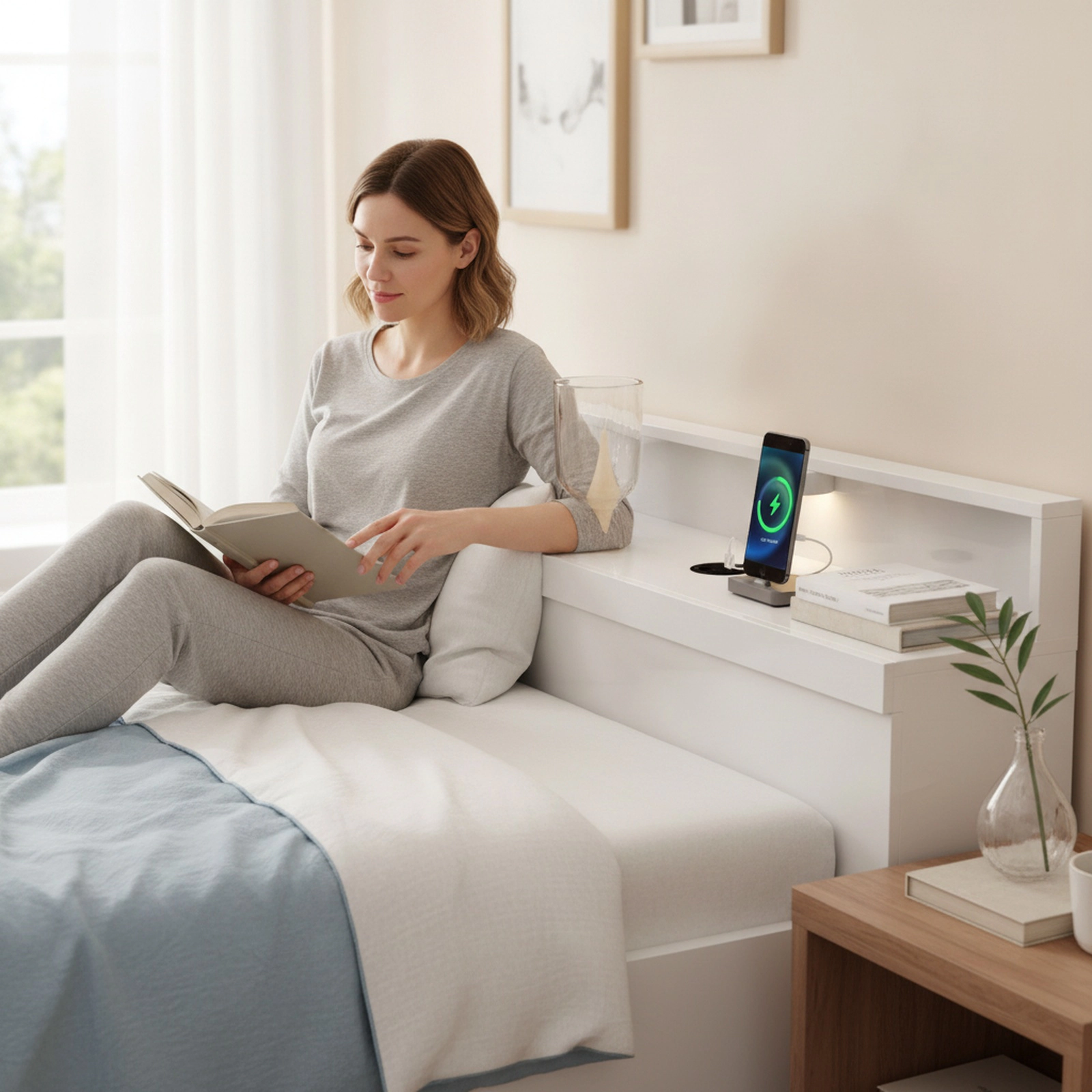 SUGIFT Twin Platform Bed with LED Headboard, 2 USB Ports and Storage, White