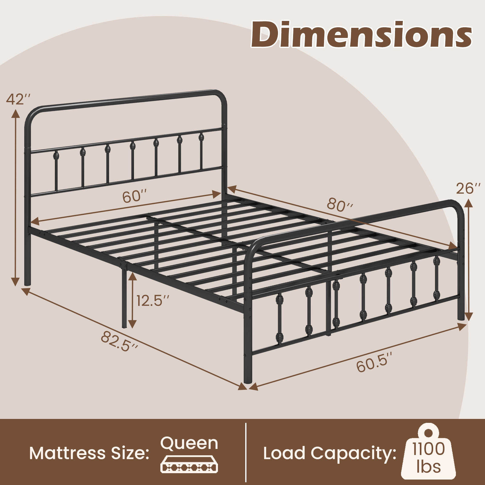 SUGIFT Queen Metal Platform Bed Frame with Victorian Headboard, Footboard and 12.5-in Storage