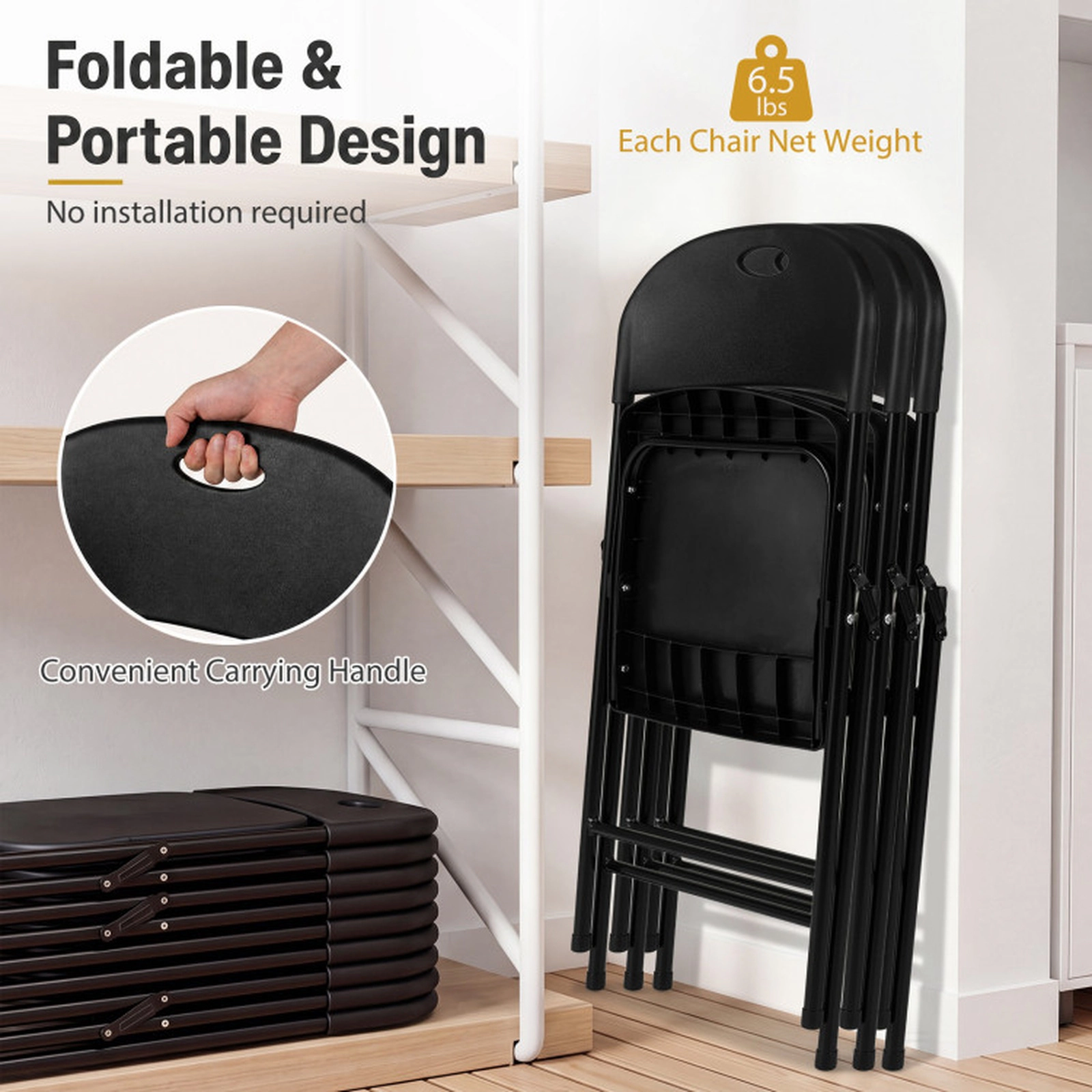 SUGIFT Set of 6 Foldable Dining Chairs with Ergonomic Backrest 330-lb Capacity White/Black