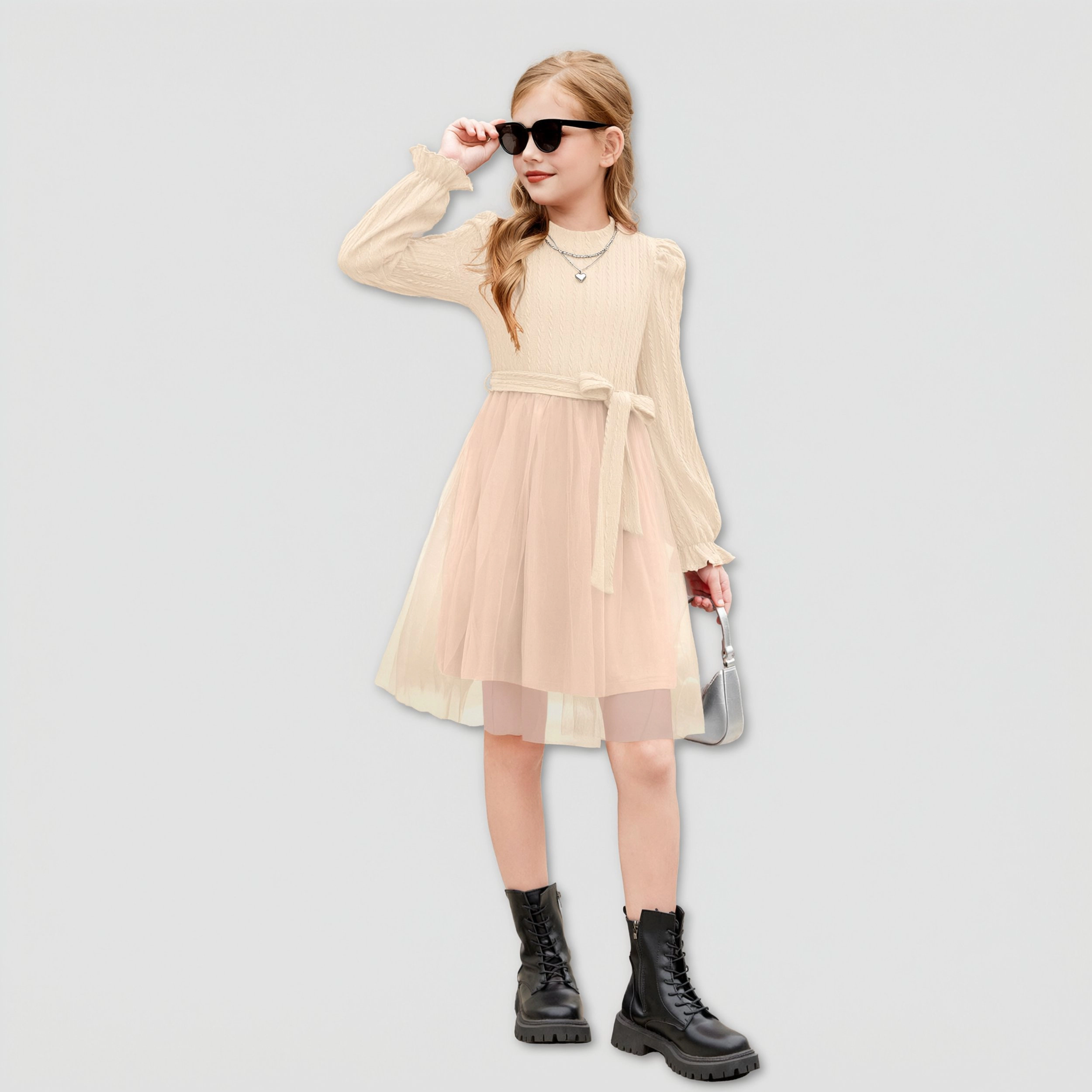 Arshiner Girl's Mock Neck Cable Knit Long Sleeve Tulle Tutu Dress with Belt