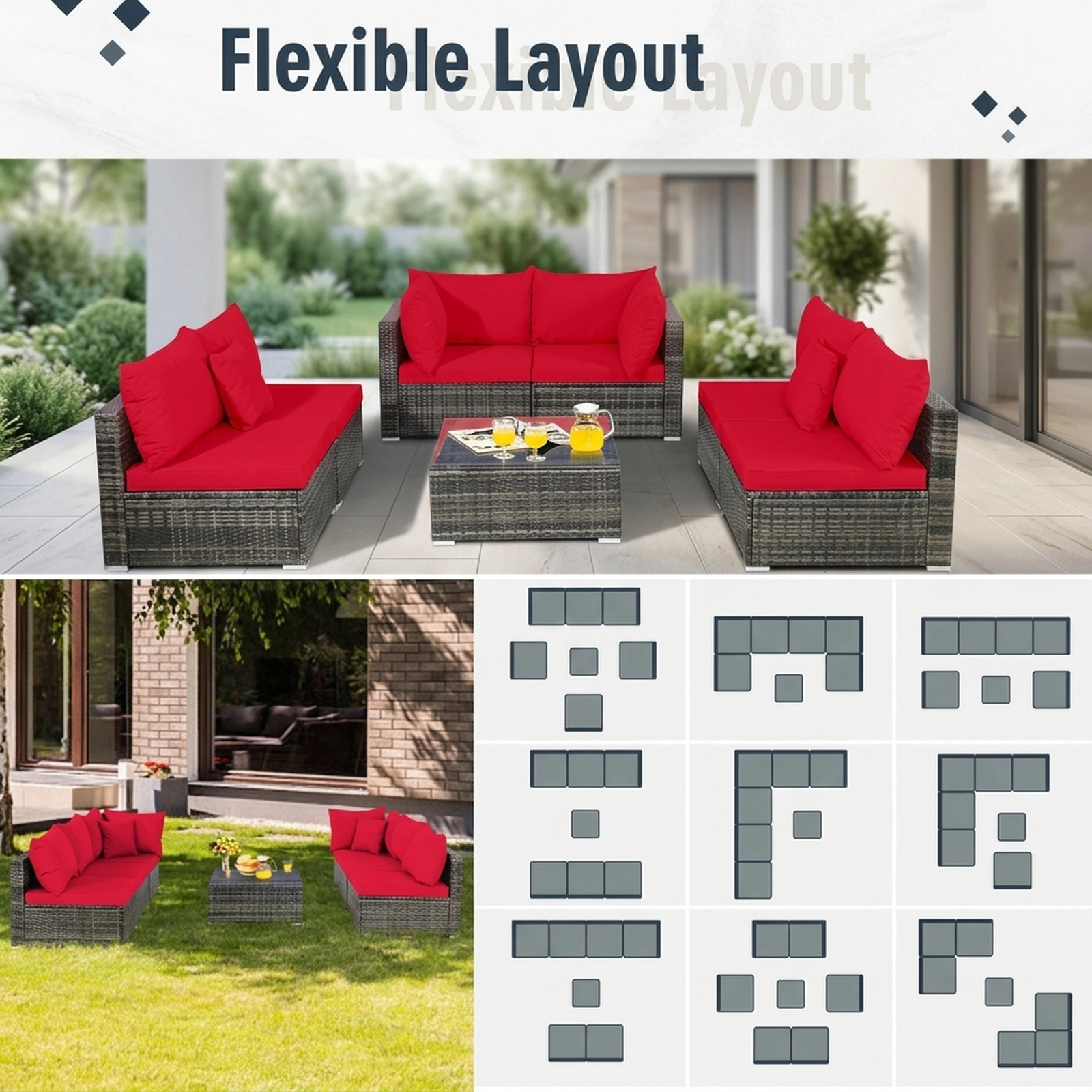 SUGIFT Tempered Glass Table Cushions and Throw Pillows 7-Piece Patio Rattan Sectional Sofa Set
