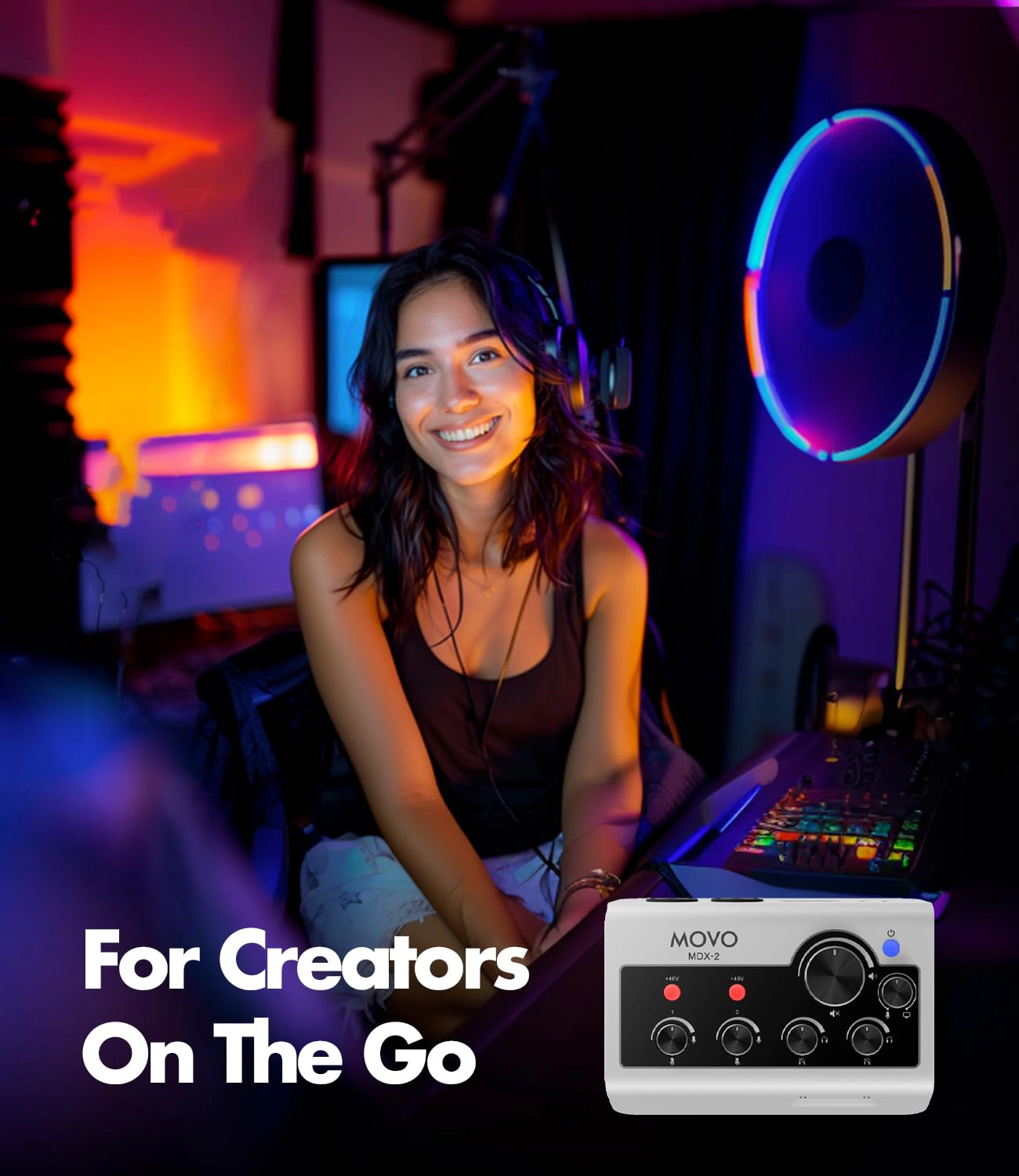 Movo MDX-2 2 Channel XLR Portable Audio Interface – Compact, Battery-Operated Design