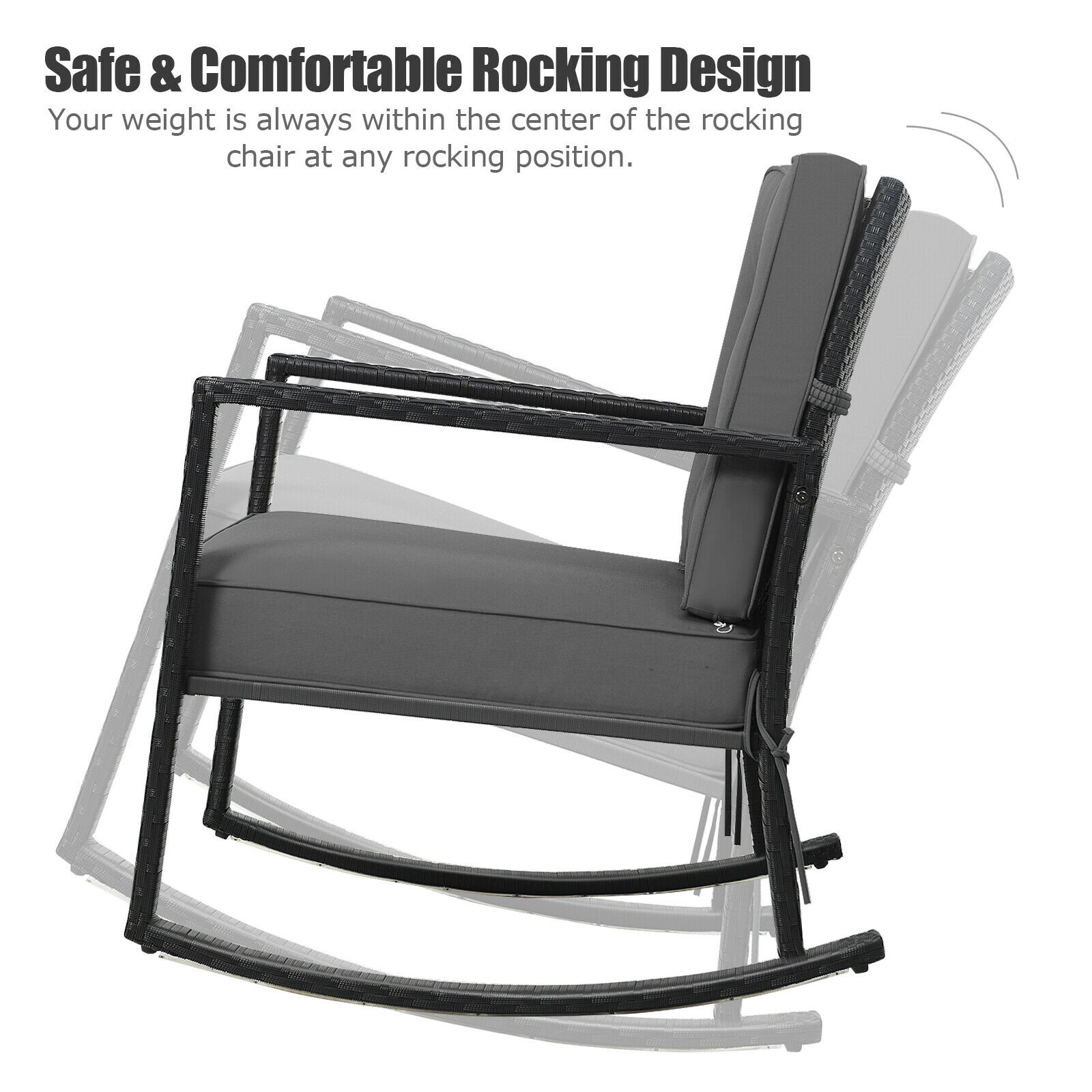 SUGIFT Black Rattan Outdoor Rocking Chair, 5-Inch Cushion, 360-Lb Capacity