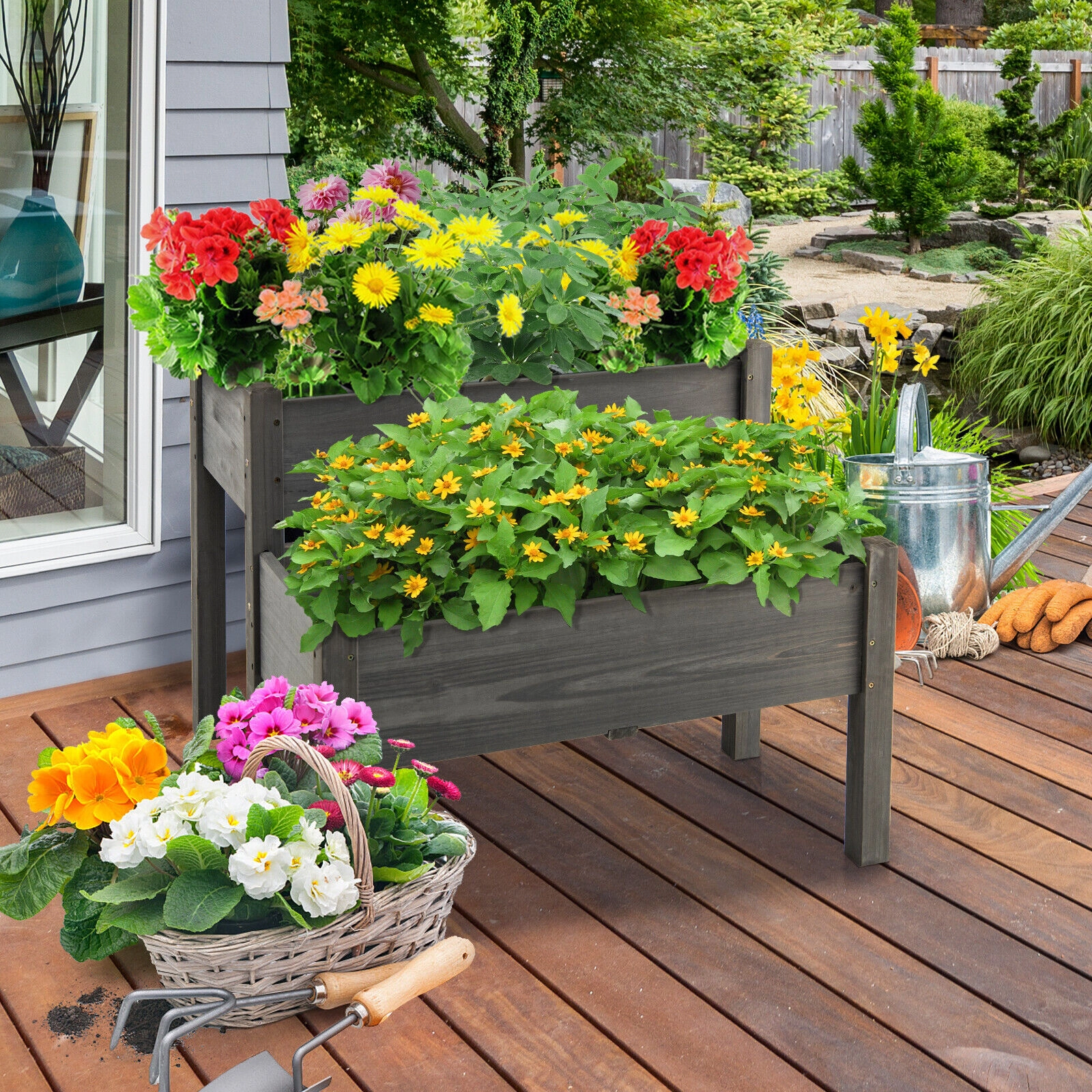 SUGIFT 2 Tier Fir Wood Outdoor Planter Raised Garden Bed with Legs 110-lb Capacity per Tier Gray