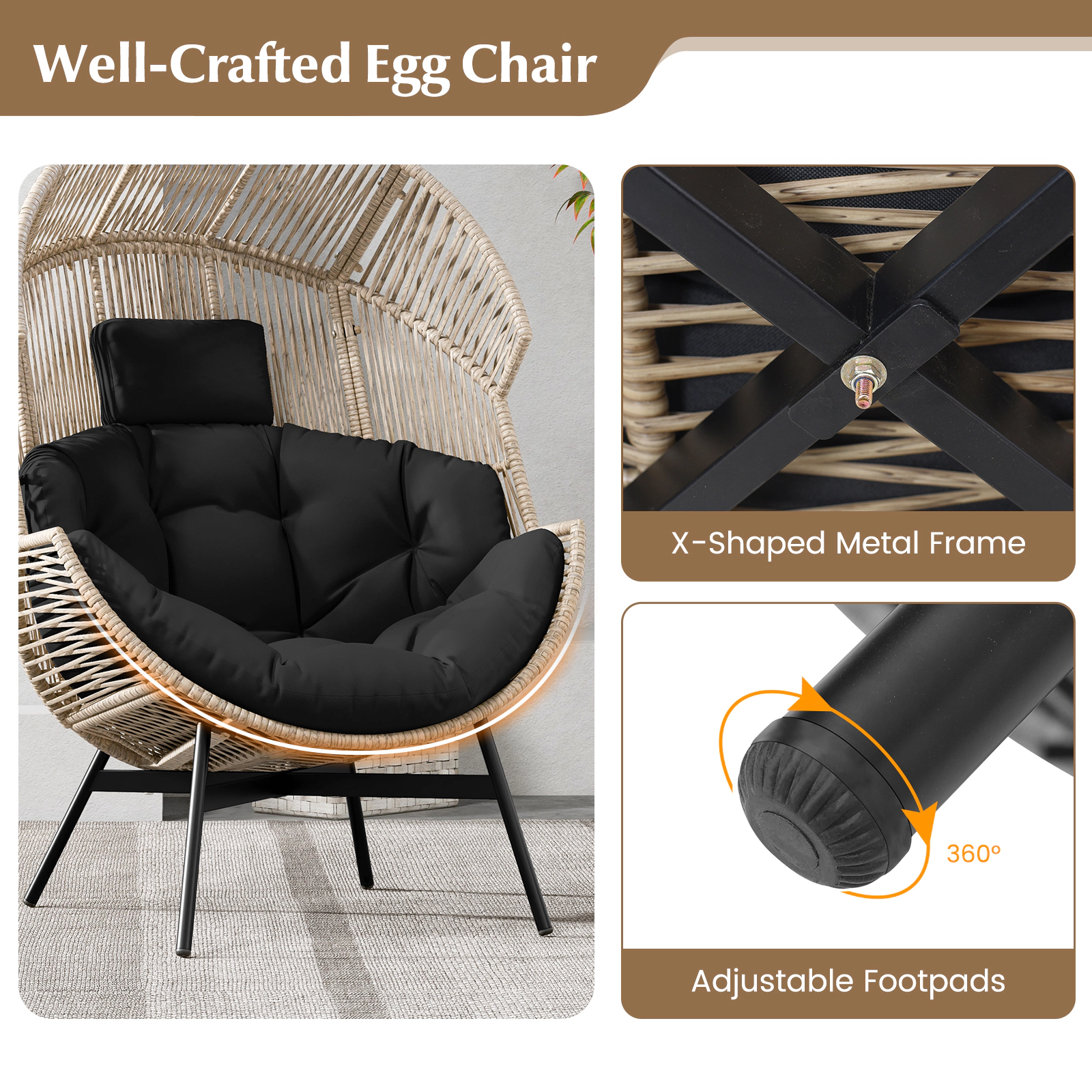 SUGIFT Oversized PE Rattan Headrest Cushions Wicker Egg Lounge Chair 40-in x 38-in x 55-in 400-lb Capacity Black