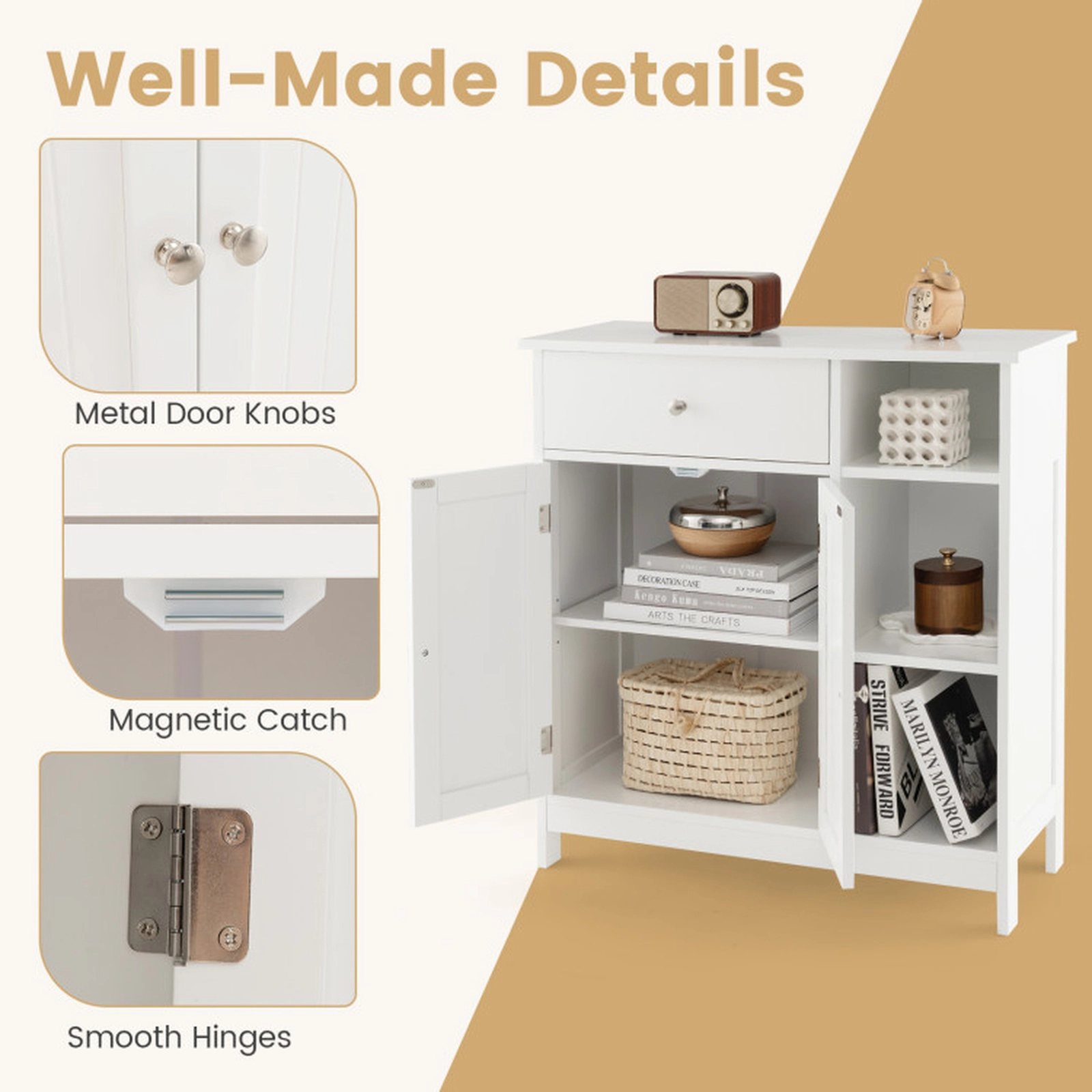 SUGIFT Drawer 3 Open Compartments 2-Tier Bathroom Floor Storage Cabinet 29.5-in x 12-in x 31.5-in 250-lb Capacity White