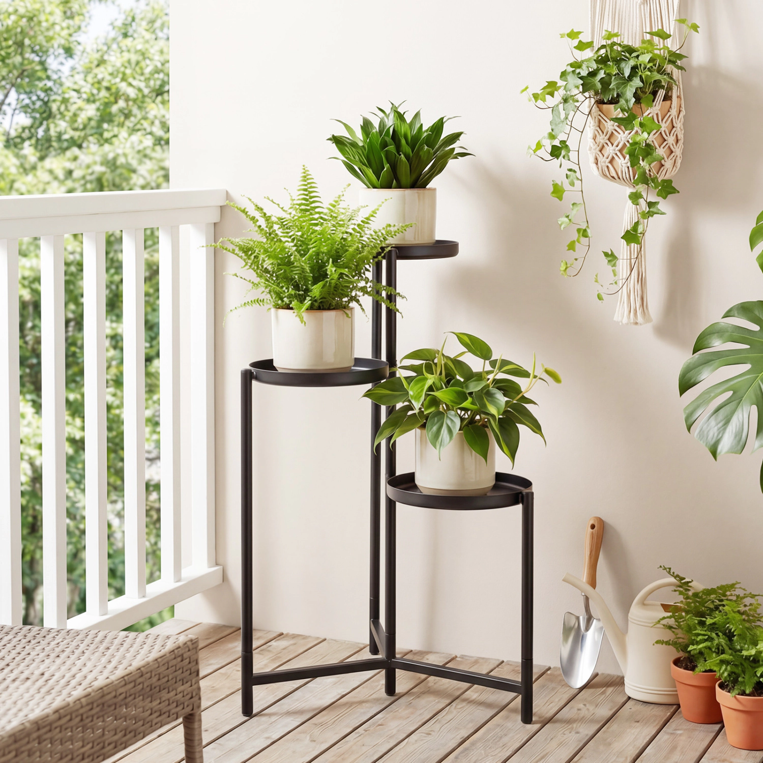 Slickblue 3-Tier Metal Corner Plant Shelf with Round Trays Black Plant Stand