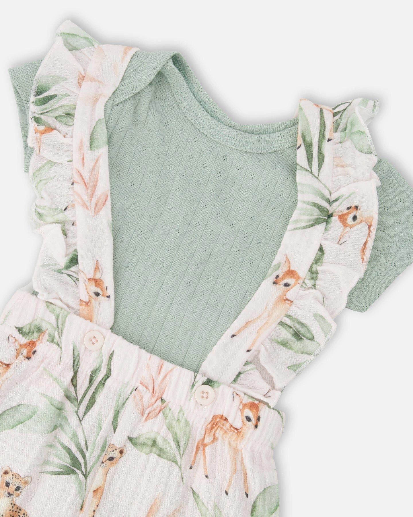 Deux par Deux Girls Pointelle Onesie and Cotton Muslin Shortall Set Deer Print