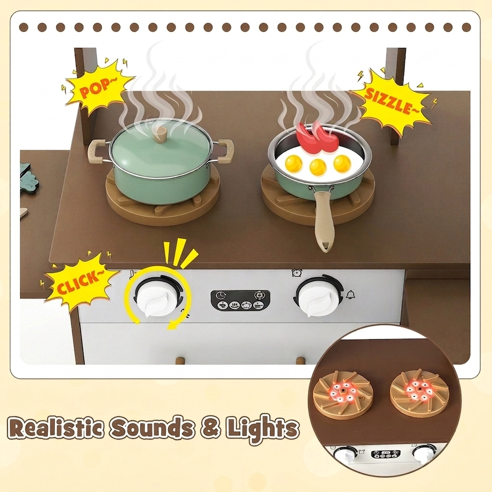 SUGIFT Corner Wooden Kitchen Playset Lights & Sounds 39.5-in Tall with Pull-Out Countertop Ages 3+ Coffee/Pink/White
