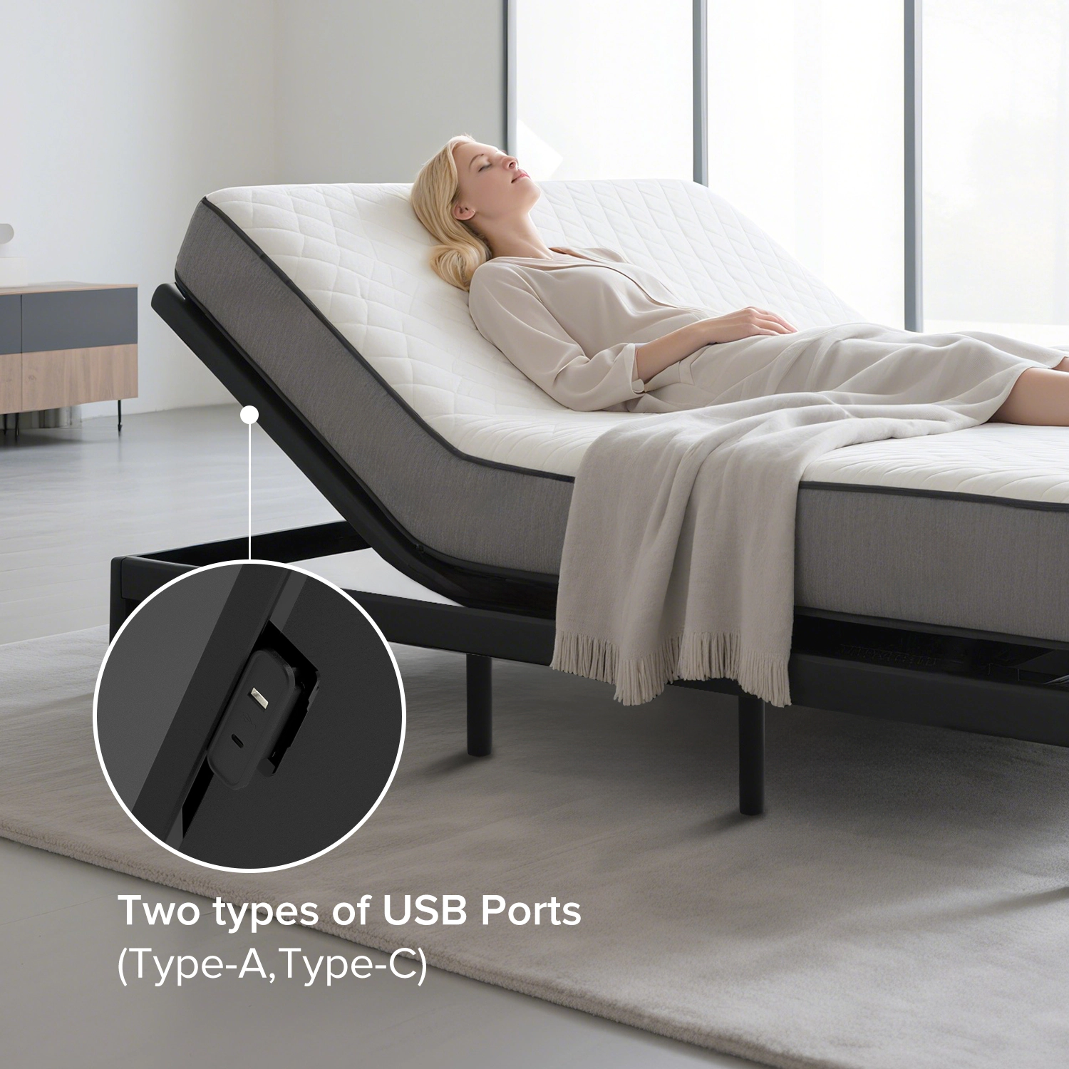 Flynama Adjustable Queen Bed with Massage Incline, Remote, USB Ports, LED Night Light