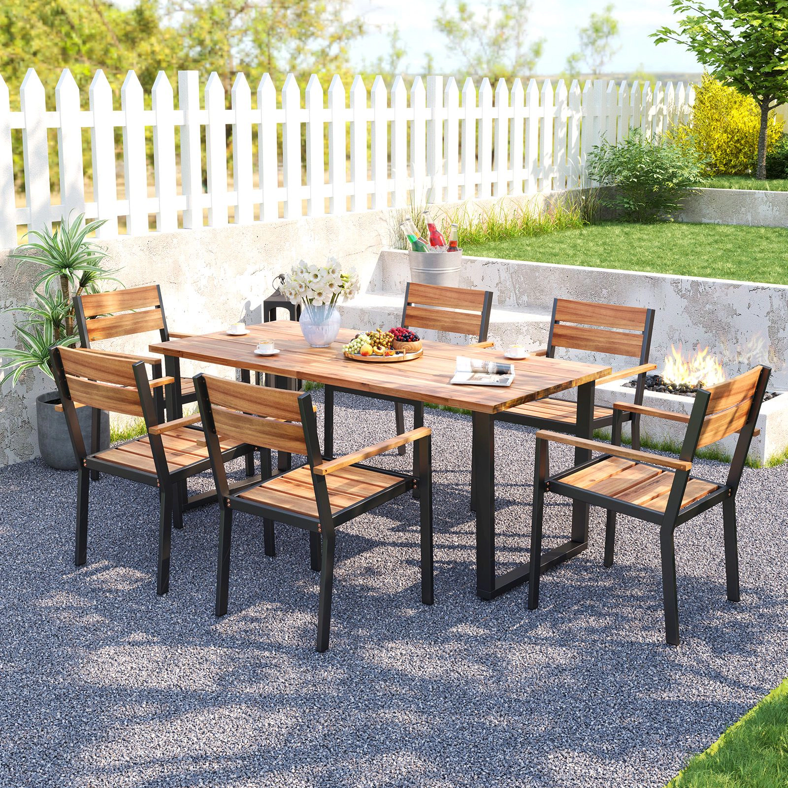 SlickBlue 7-Piece Acacia Wood Patio Dining Set with Metal Frame
