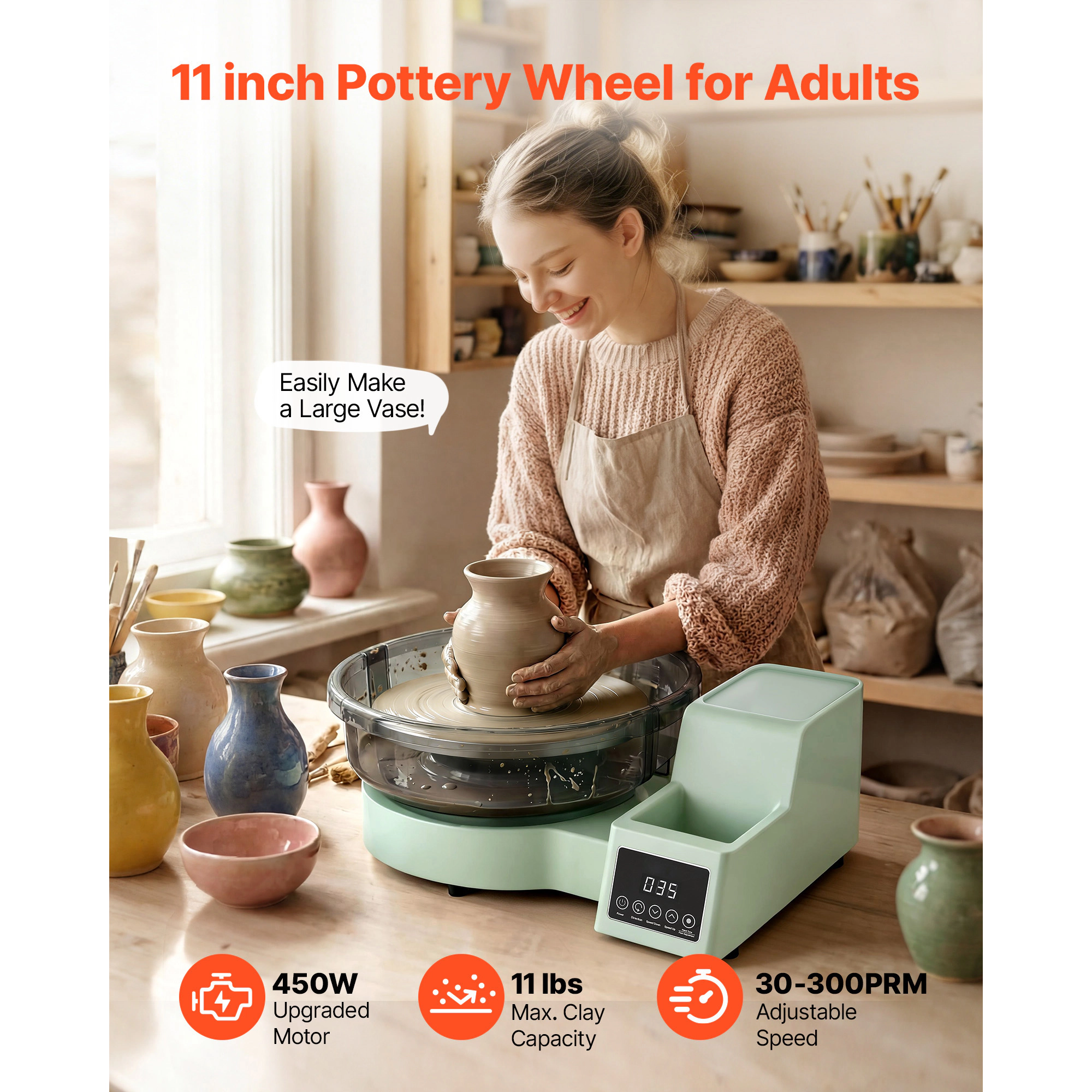 HONGGE Pottery Wheel for Adults 11" Aluminum Turntable 450W Electric Table Top with Foot Pedal 30-300 RPM