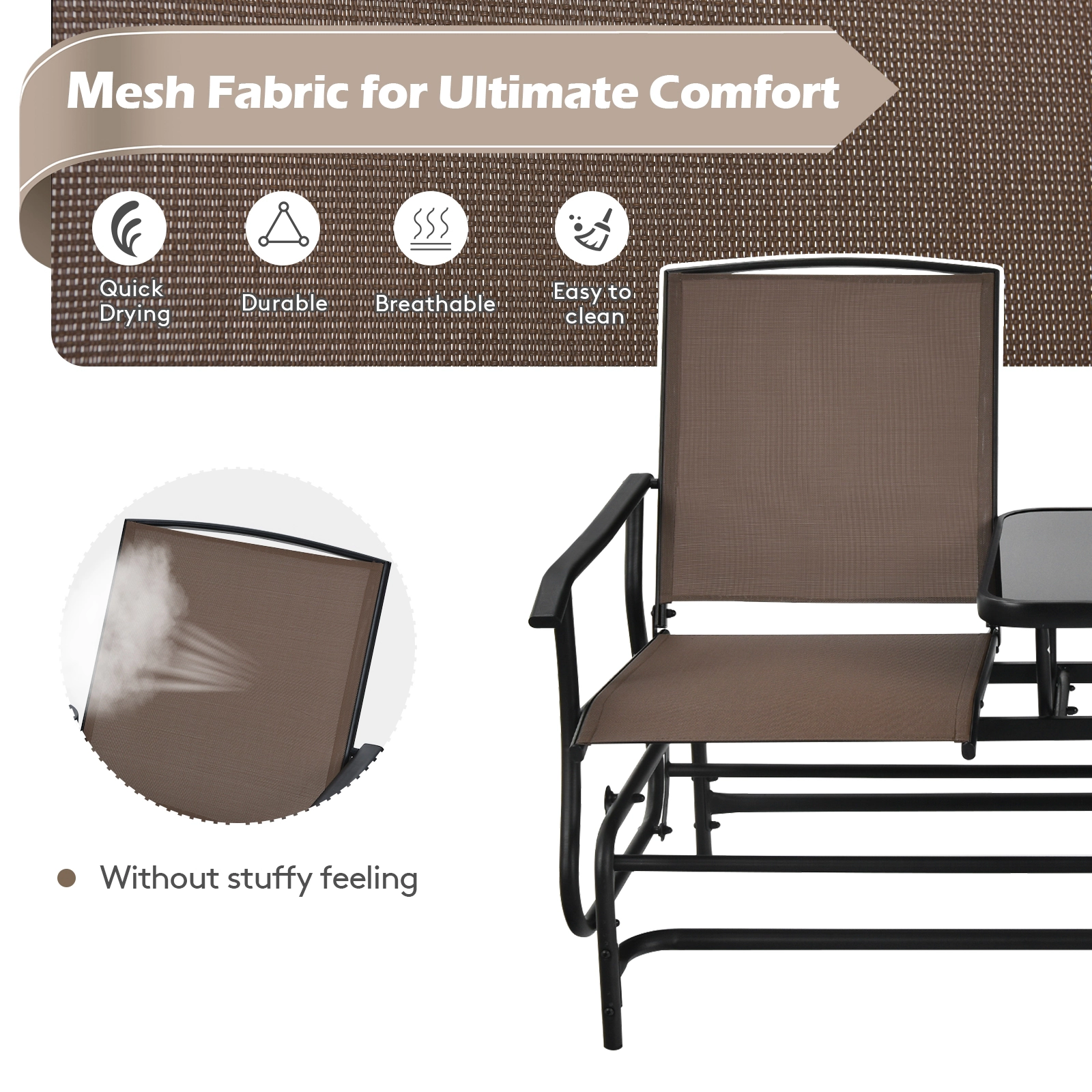 SUGIFT 2-Person Rocking Loveseat Glider Conversation Set Center Tempered Glass Table 530-Lb Capacity 57-in Wide Brown