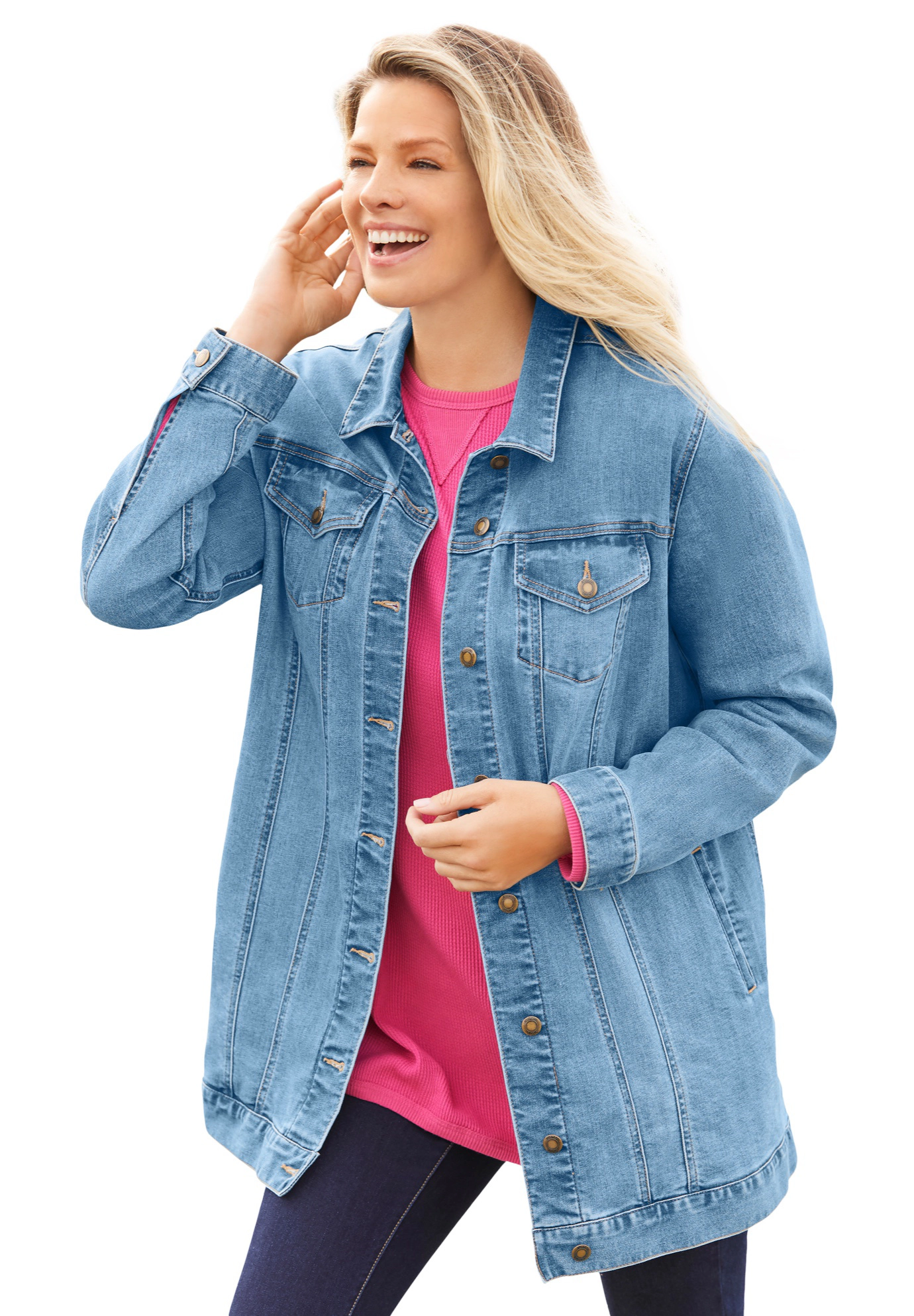 Woman Within Plus Long Stretch Denim Jean Jacket