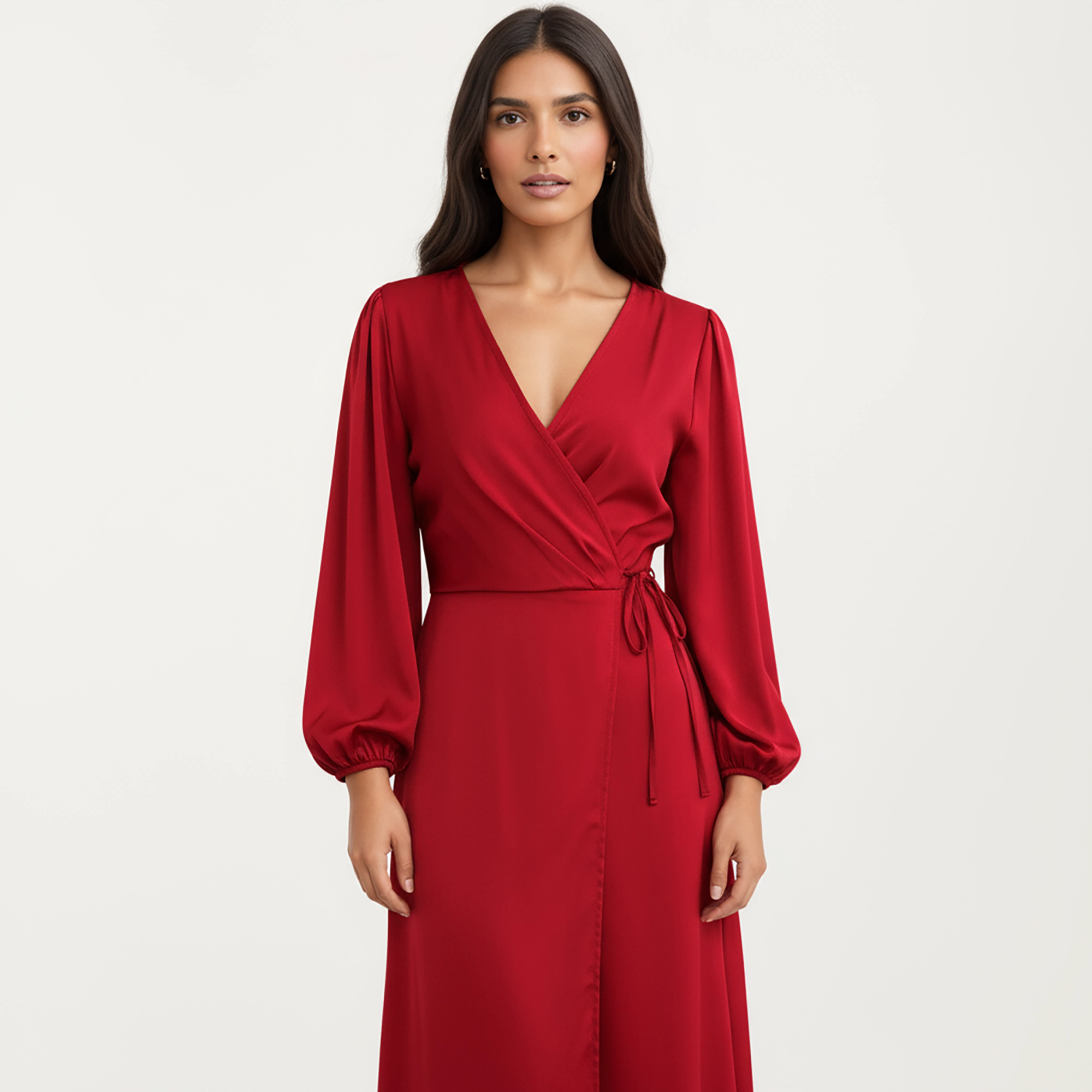 Anna-Kaci Women's Long Sleeve Wrap V Neck Side Tie Waist Midi Dress