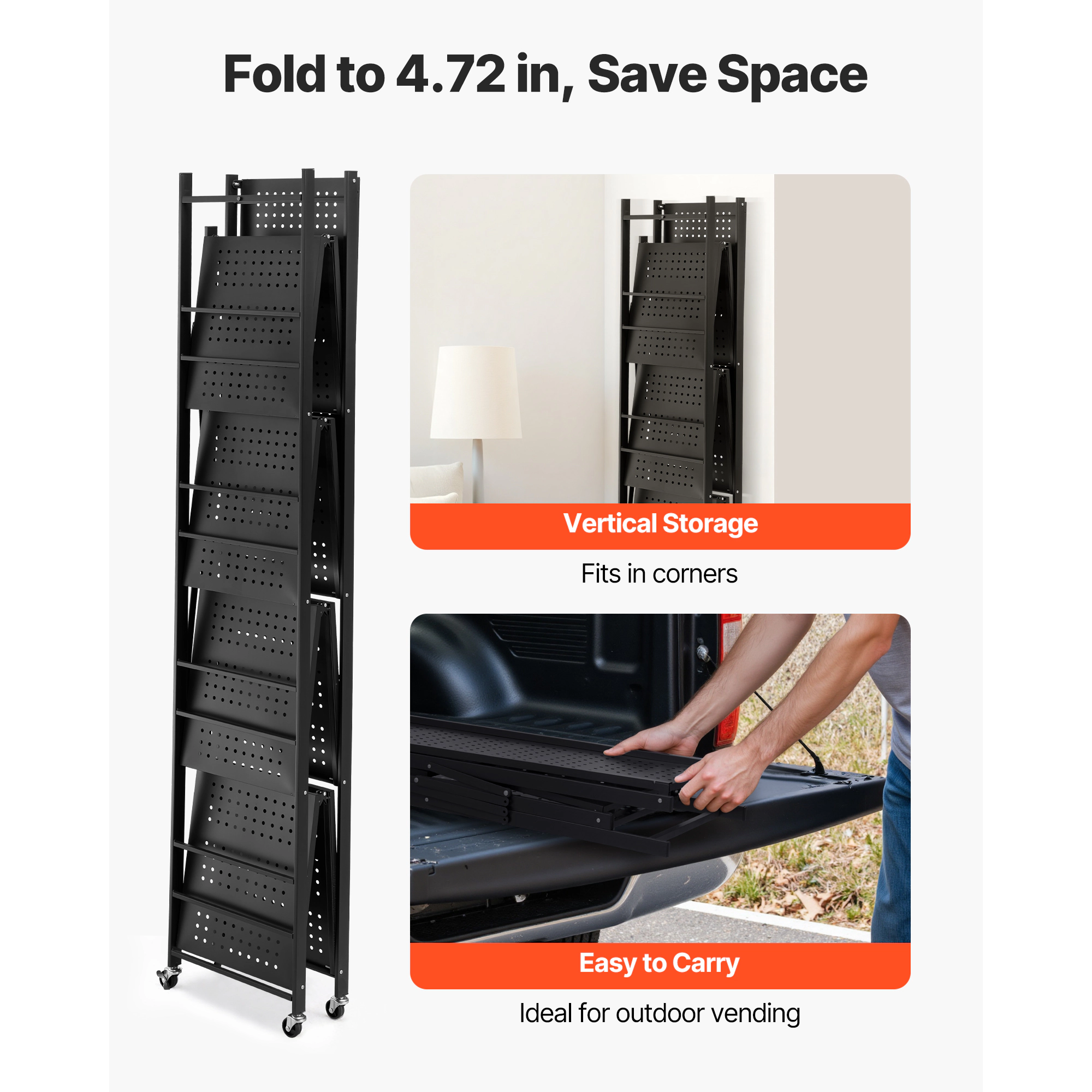 HONGGE Foldable Storage Shelf Folding Metal Rack Shelving Unit No Assembly Organizer Shelf with 5 Wheels & 4 Hooks for