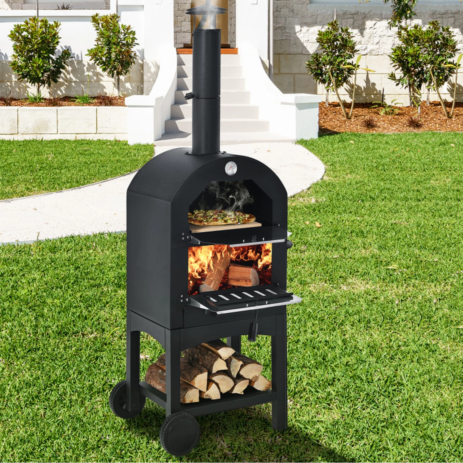 SUGIFT Black Portable Outdoor Pizza Oven with 12-in Stone and Waterproof Cover 23.2-in W 18.1-in D 63.8-in H