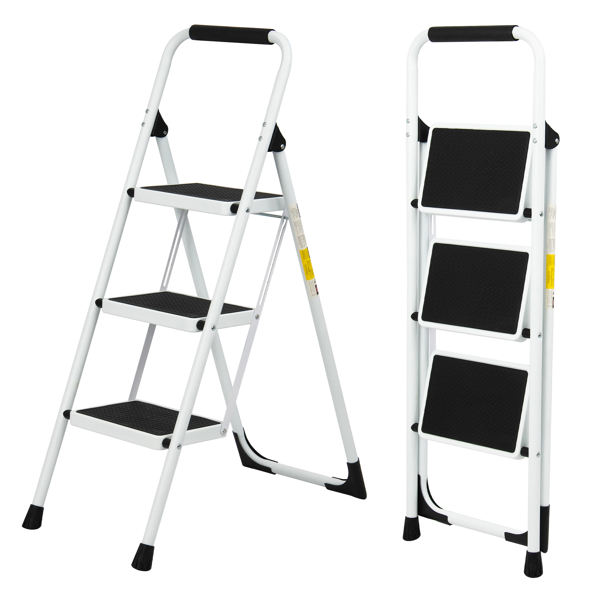 Flynama 3 Step Ladder- 330lb Capacity Steel Foldable Step Stool (White)